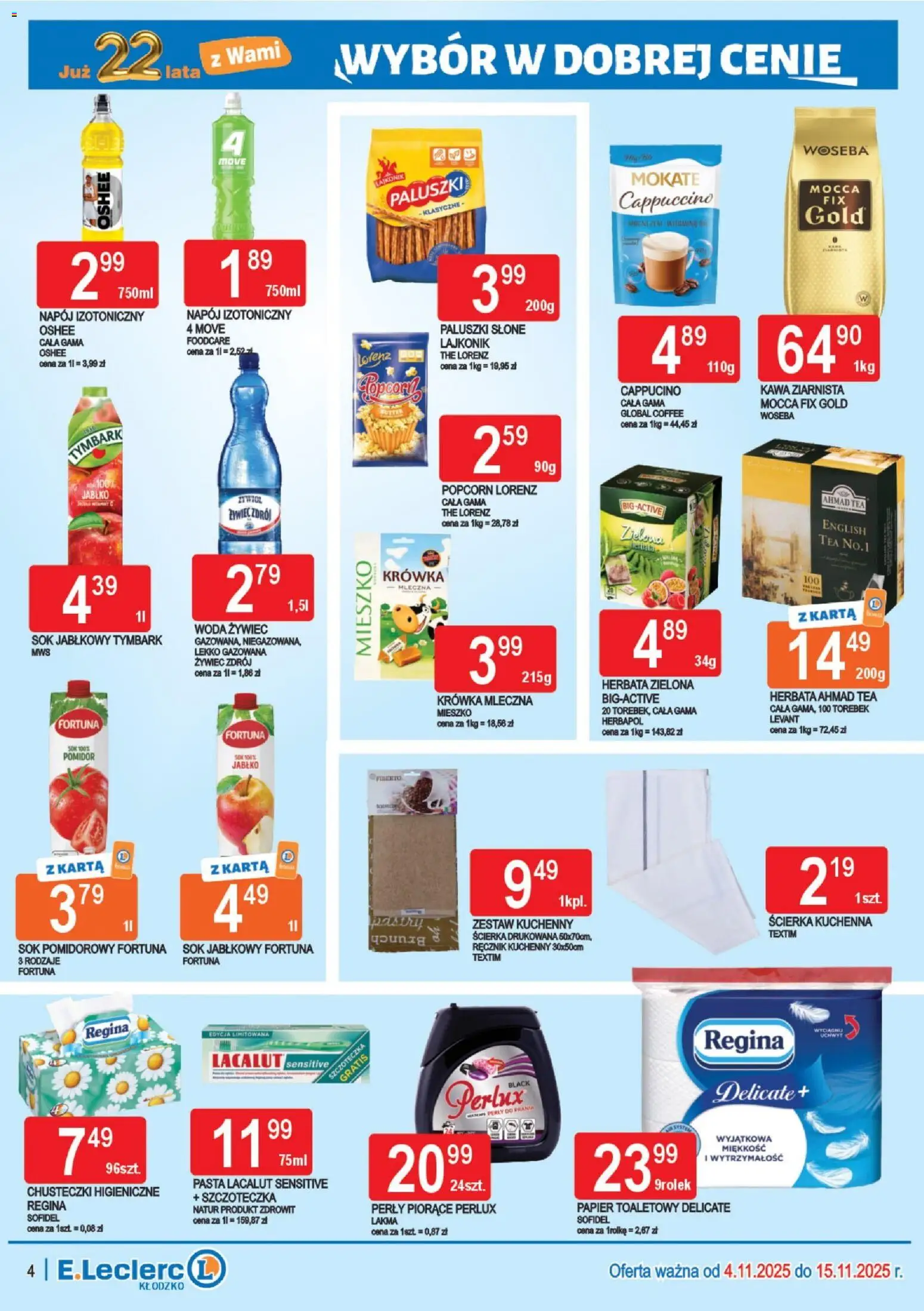 E.Leclerc Gazetka - Kłodzko od 04.11.2025 | Strona: 4 | Produkty: Krowka, Chusteczki higieniczne, Paluszki, Popcorn