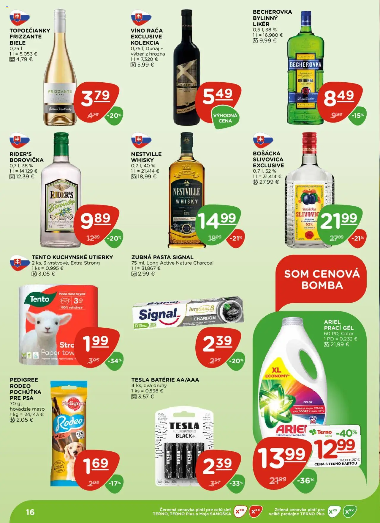 Nové Terno akcie – leták je platný od 09.10.2025 | Strana: 16 | Produkty: Becherovka, Borovička, Slivovica, Ariel