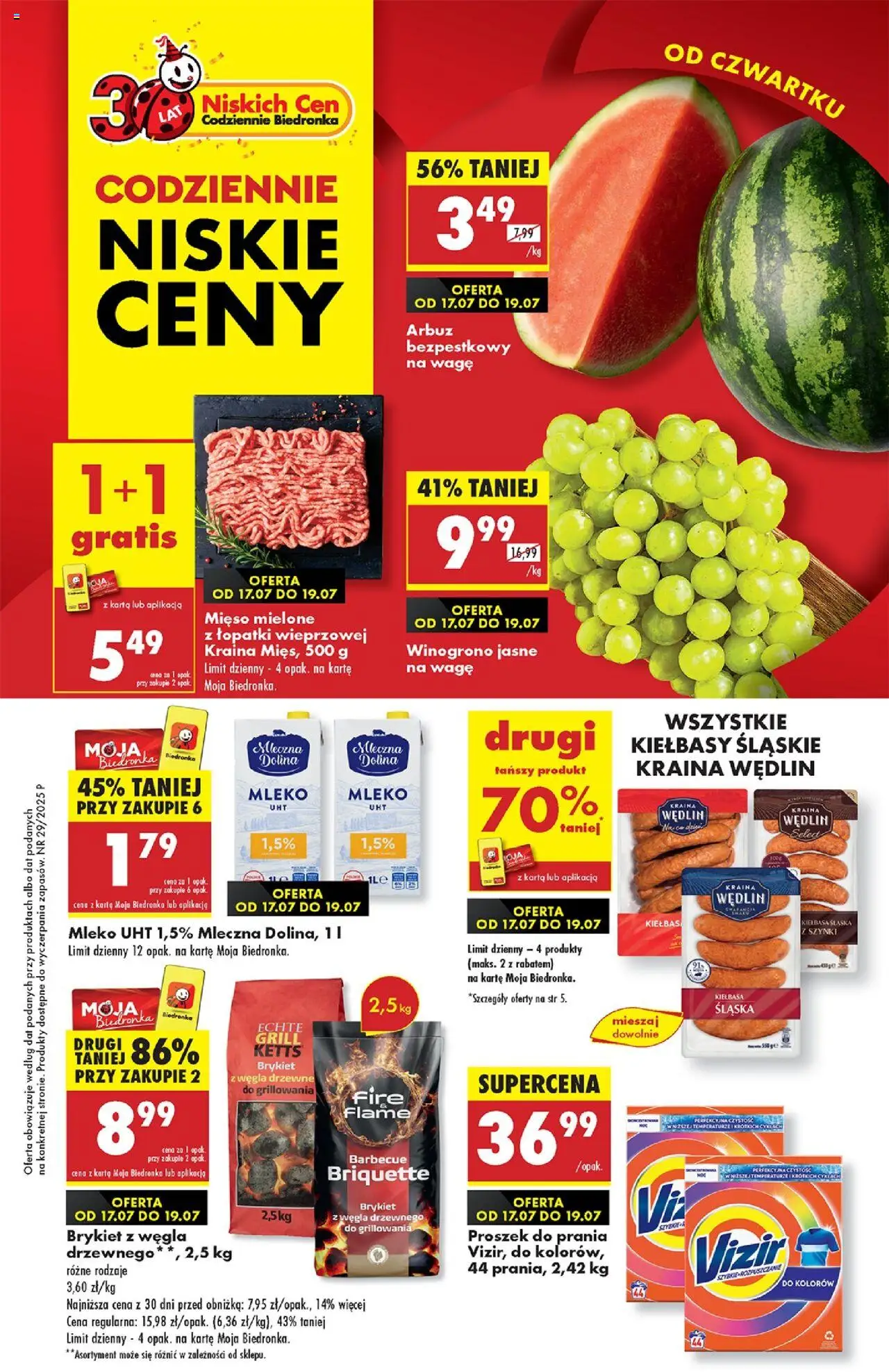 Biedronka gazetka - Oferta W tym tygodniu od 17.07.2025 | Strona: 1 | Produkty: Kiełbasa, Winogrono, Kraina mięs, Mleko