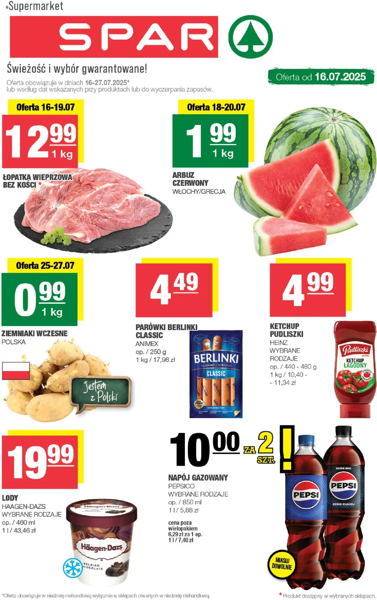 Spar Gazetka od 16.07.2025 | Strona: 1 | Produkty: Arbuz, Parówki berlinki, Pepsi, Ziemniaki