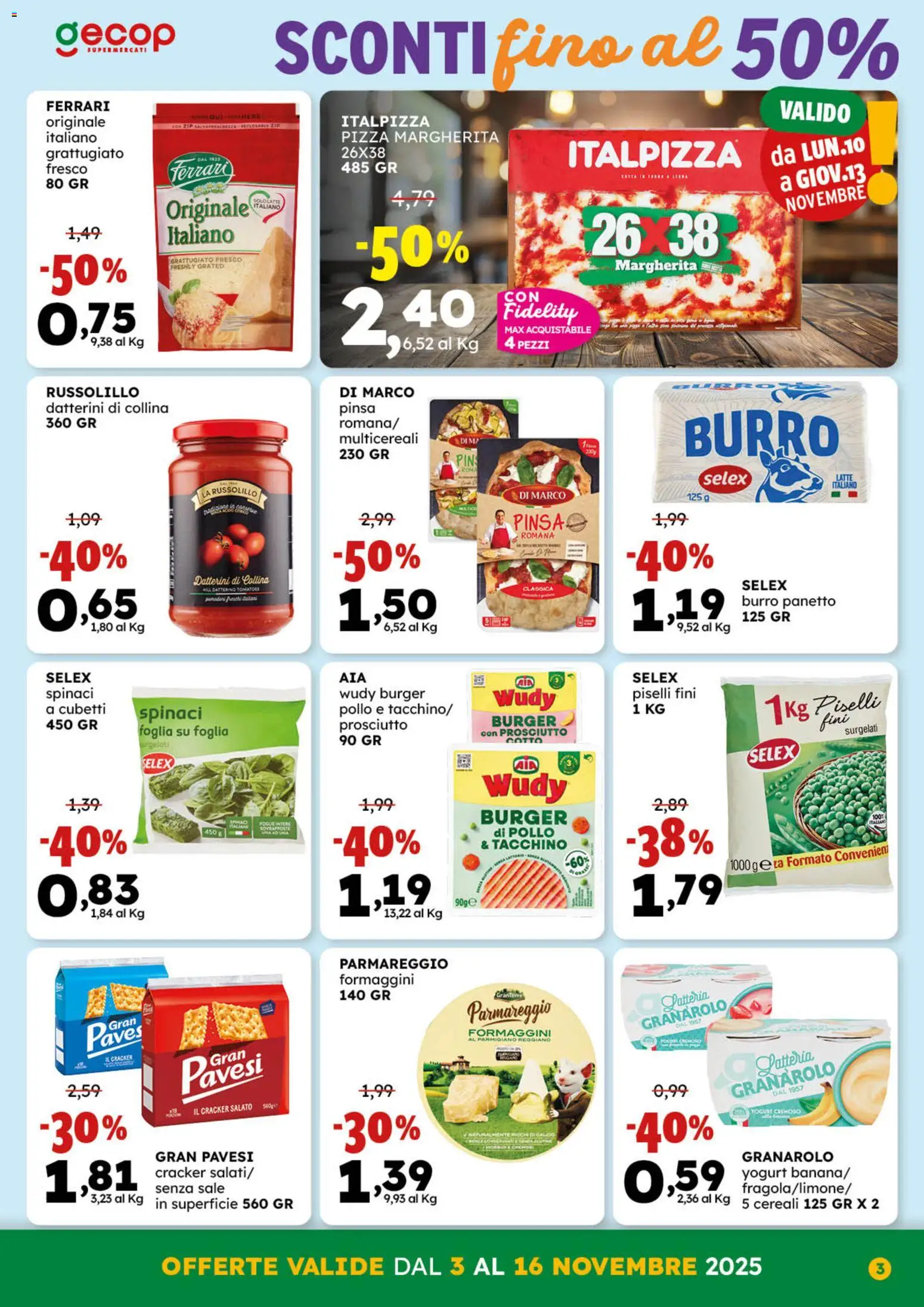Volantino GECOP del 03.11.2025 | Pagina: 3 | Prodotti: Pizza, Tacchino, Prosciutto, Piselli