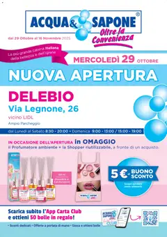 Anteprima del volantino Acqua e Sapone Nuova Apertura - Delebio catalogo valido a partire dal 29.10.2025