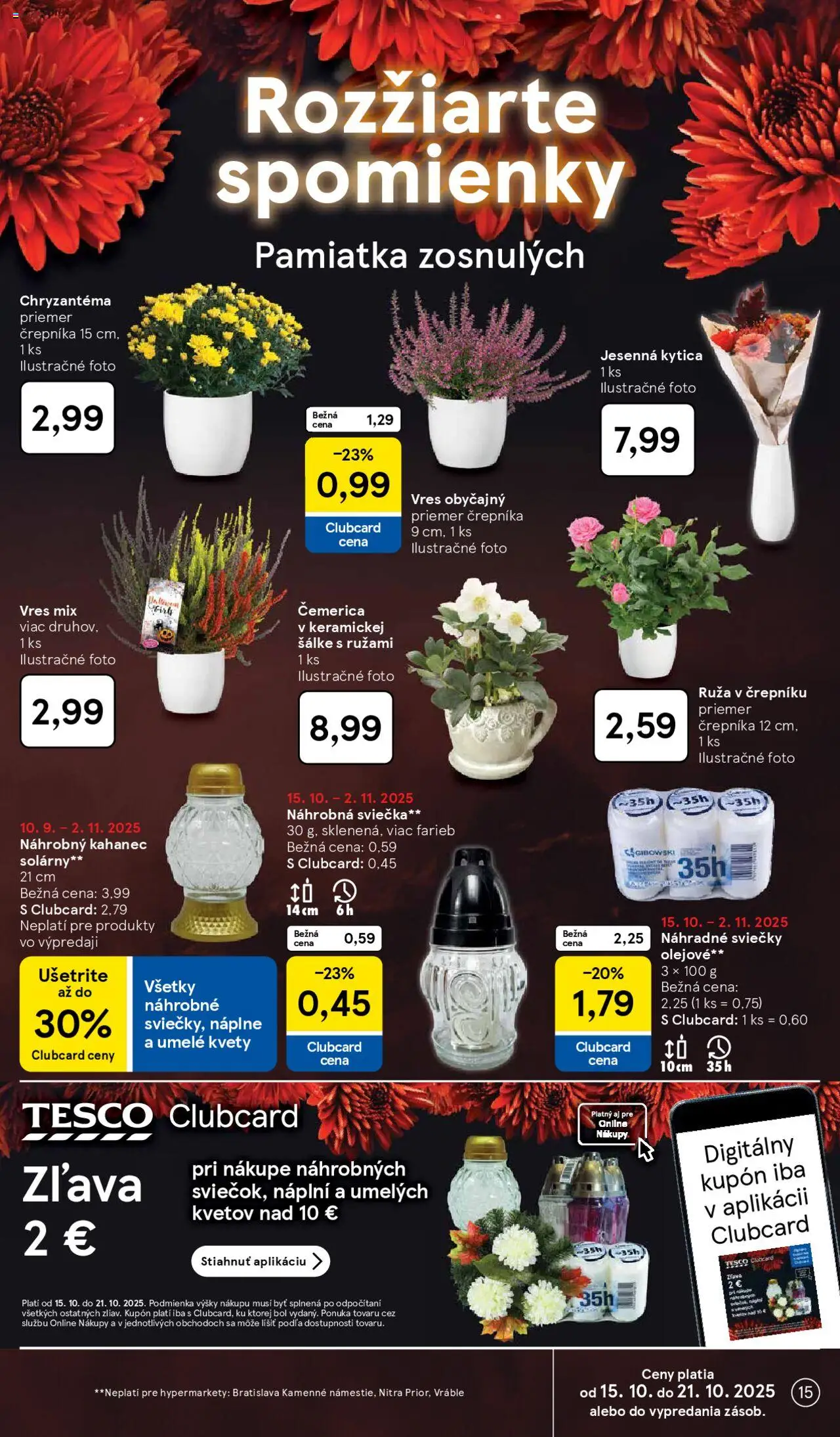 Nové Tesco akcie – leták je platný od 15.10.2025 | Strana: 15 | Produkty: Sviečky, Kvety