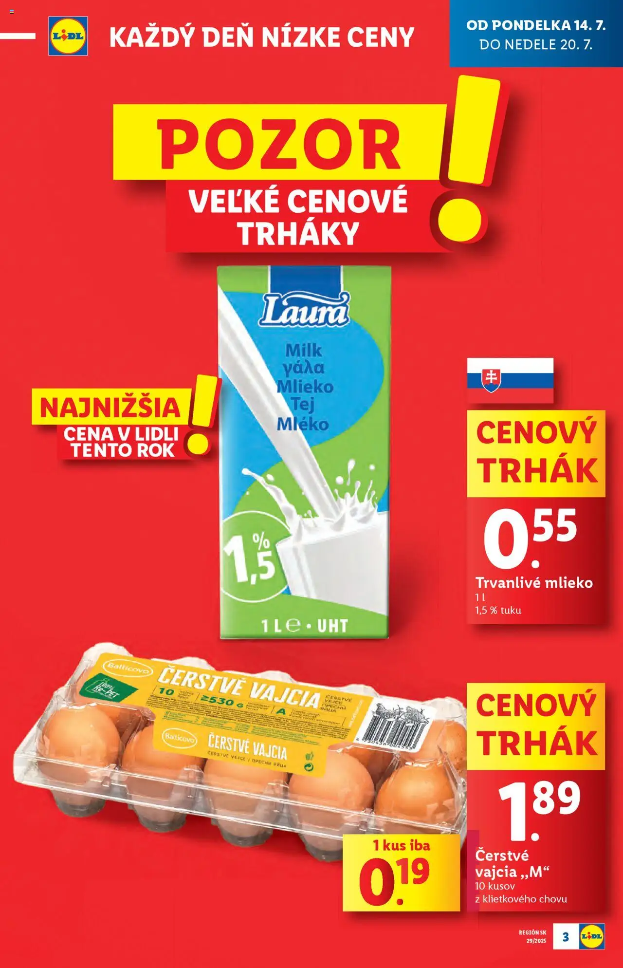 Lidl leták │ platný od 14.07.2025 | Strana: 3 | Produkty: Mlieko, Vajcia, Trvanlivé mlieko