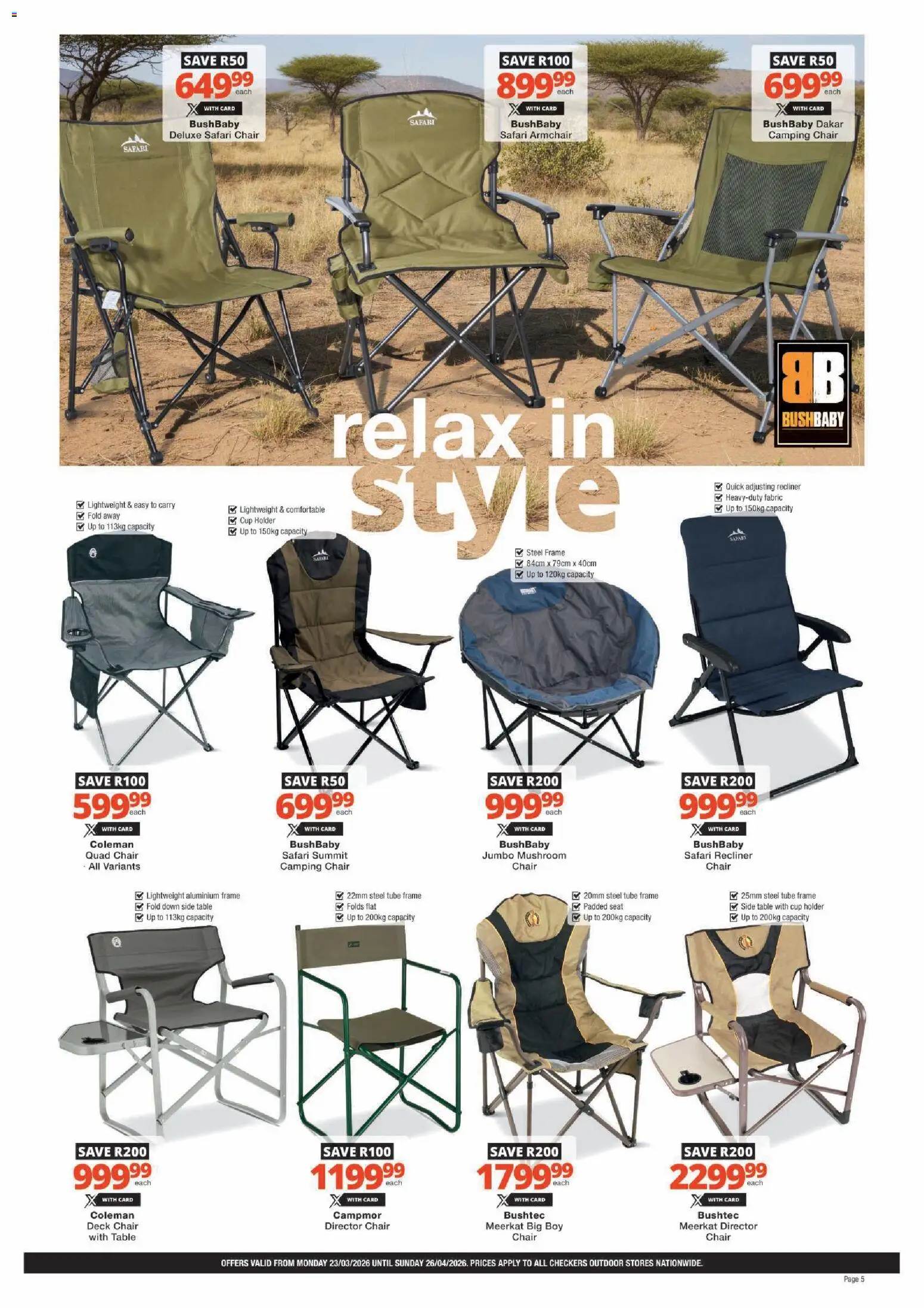 New Checkers catalogue – valid from 23.03.2026 | Page: 5 | Products: Side table, Deck chair, Table, Chair