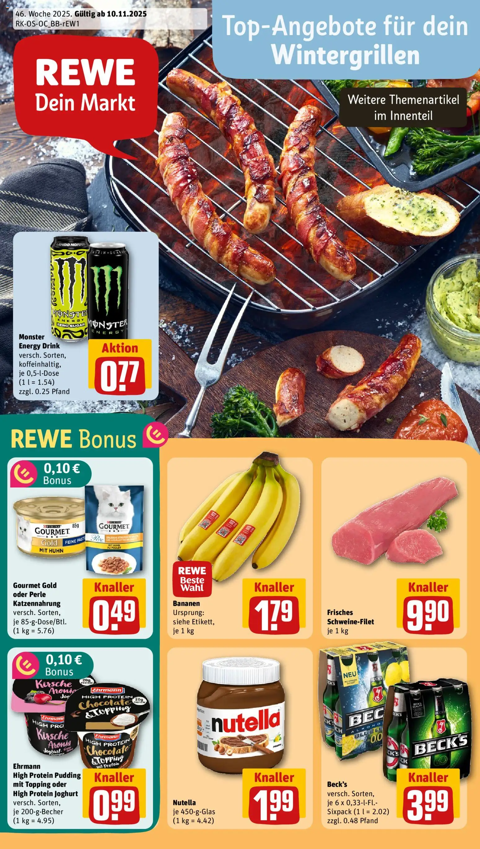 Rewe Prospekt 	 – gültig ab 10.11.2025 | Seite: 1 | Produkte: High protein pudding, Energy, Pudding, Schweinefilet