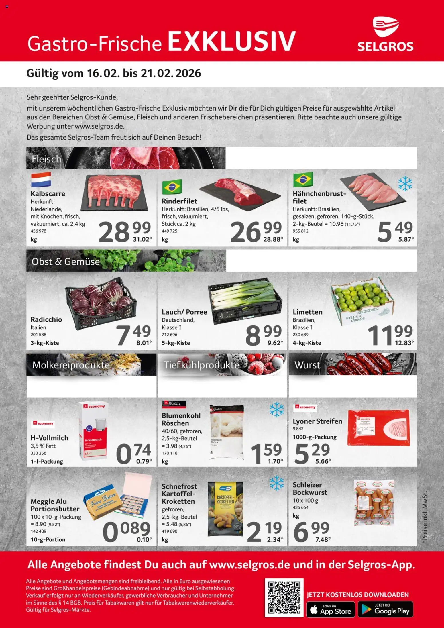 Selgros Frischeangebot – gültig ab 16.02.2026 | Seite: 1 | Produkte: Rinderfilet, Obst, Wurst, Fleisch