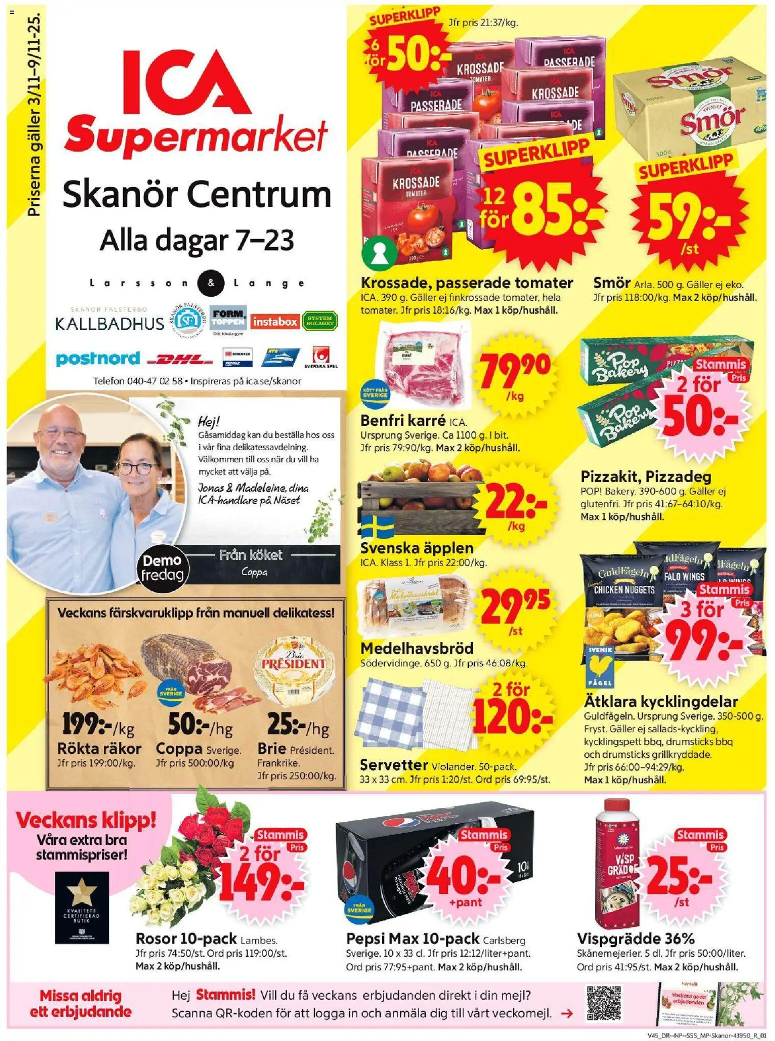 ICA Supermarket reklamblad aktuell från 03.11.2025 | Sida: 1 | Produkter: Krossade tomater, Räkor, Telefon, Spel