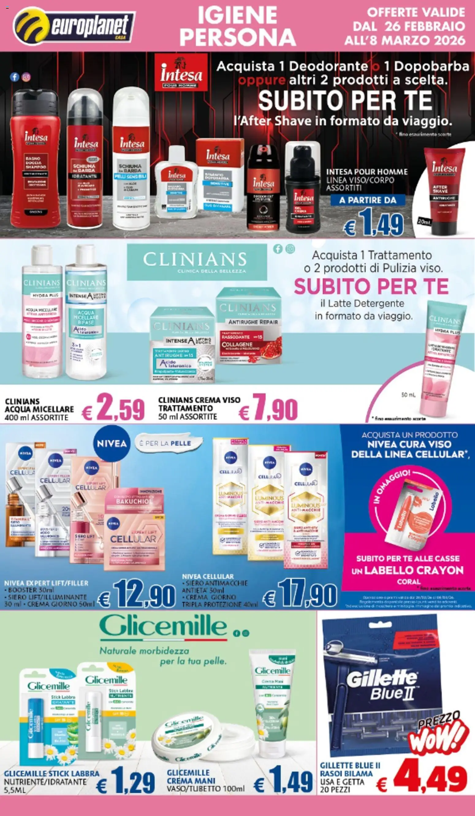 Volantino Europlanet Casa del 26.02.2026 | Pagina: 4 | Prodotti: Acqua micellare, Deodorante, Latte, Bagno
