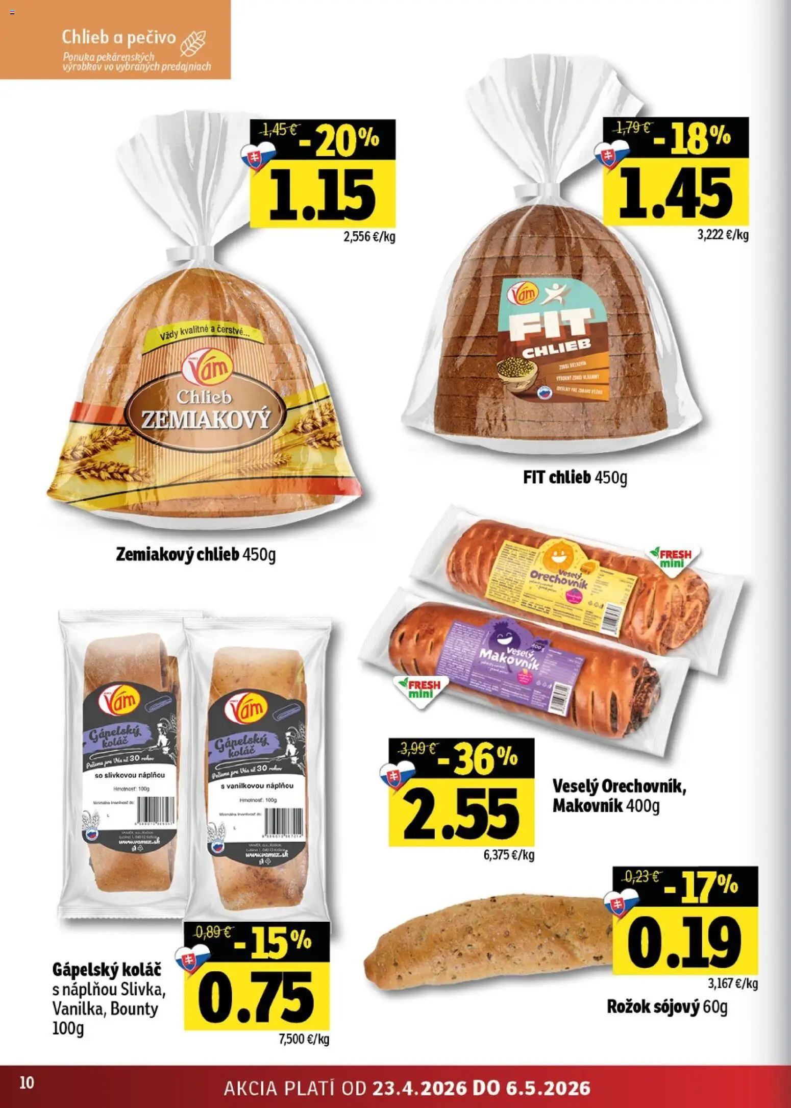 Nové Fresh akcie – leták je platný od 23.04.2026 | Strana: 10 | Produkty: Chlieb, Rožok, Koláč