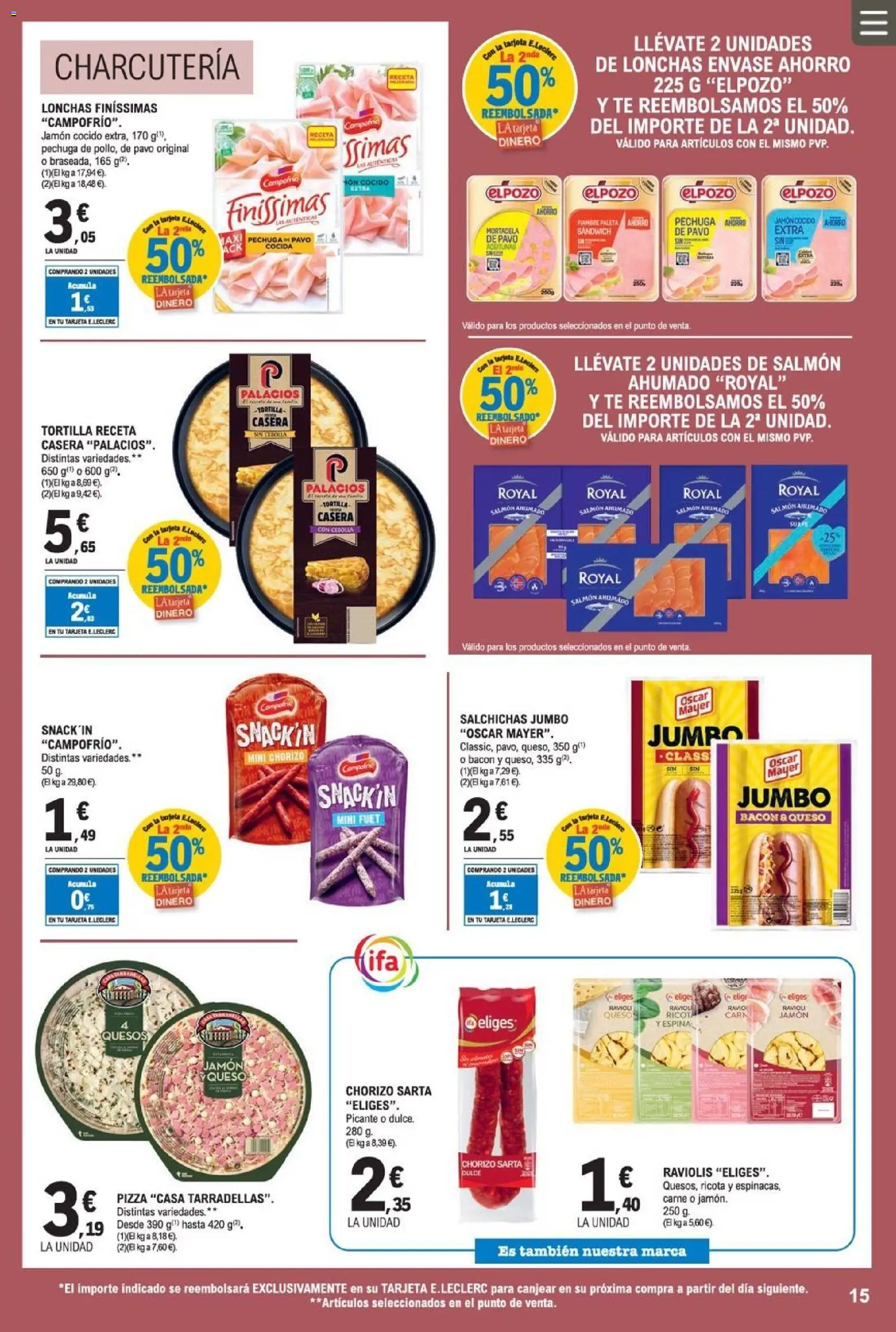 E.Leclerc folleto │ válido desde el 08.04.2026 | Página: 15 | Productos: Queso, Πορσελάνη, Salmón ahumado, Mortadela