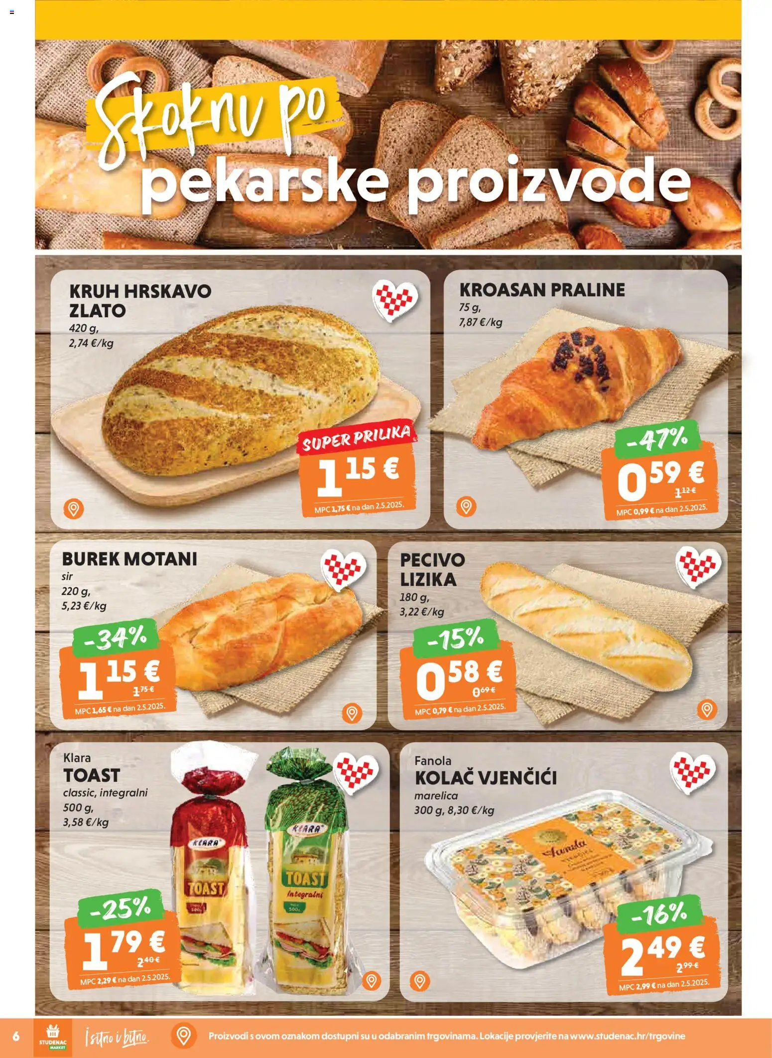 Studenac katalog | vrijedi od 08.04.2026 | Stranica: 6 | Proizvodi: Praline, Toast, Kroasan, Pecivo