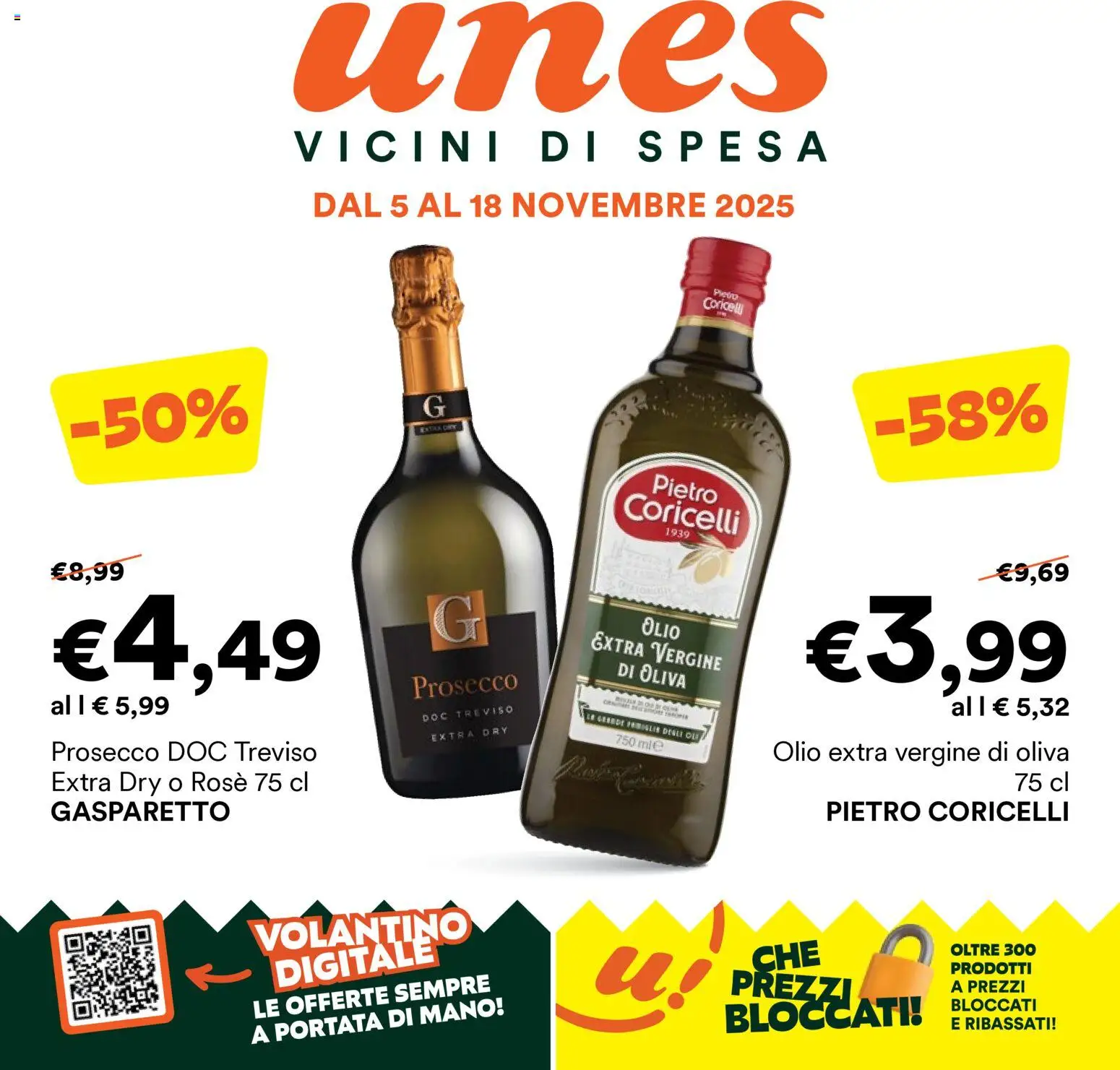 Volantino Unes del 05.11.2025 | Pagina: 1 | Prodotti: Prosecco, Olio, Olio extra vergine
