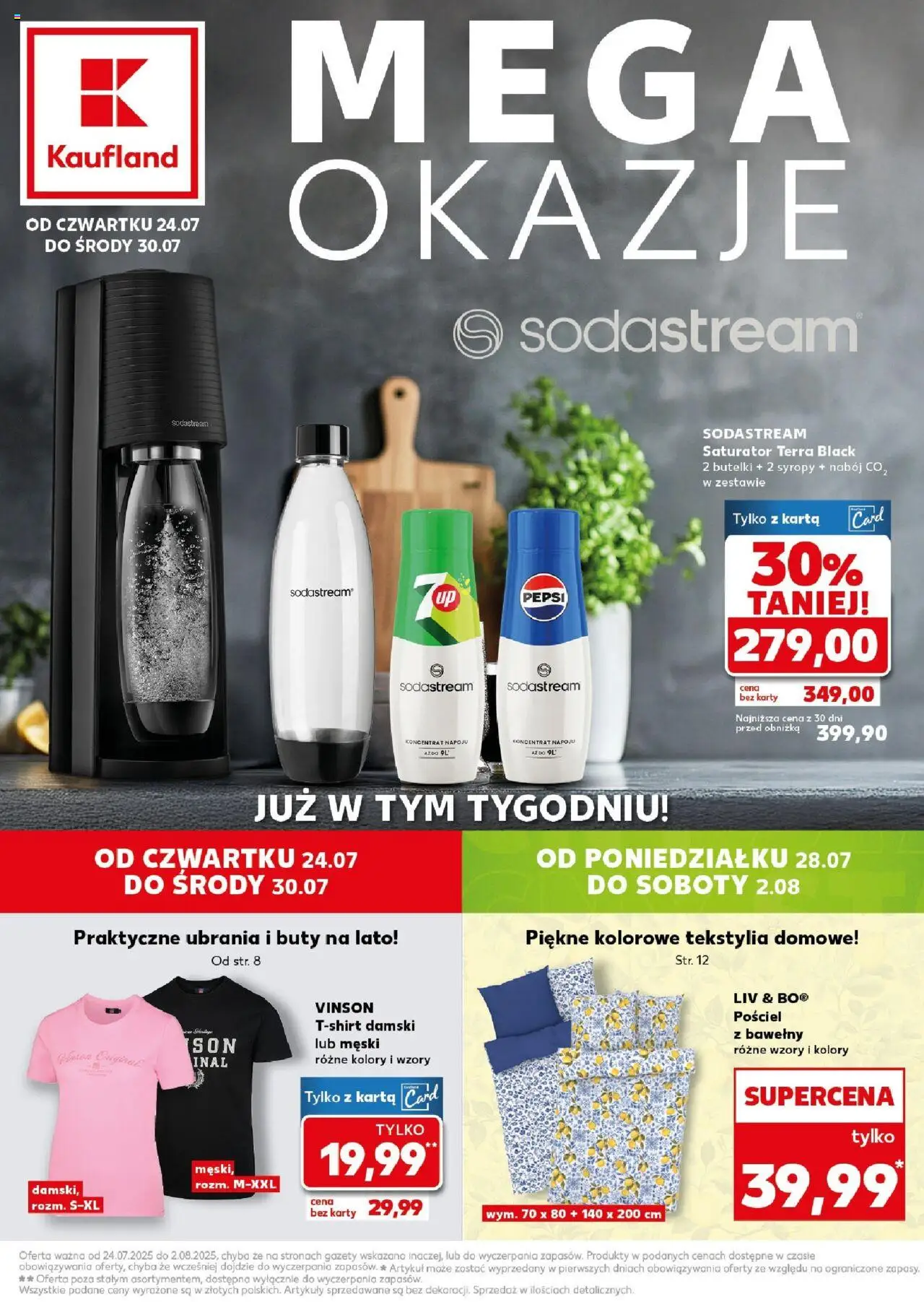 Kaufland gazetka - Mega okazje od 24.07.2025 | Strona: 1 | Produkty: Ubrania, Buty, Tekstylia, Sodastream