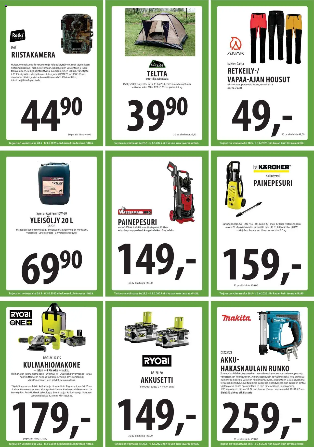  | Sivu: 20 | Tuotteet: Laukku, Painepesuri, Housut, Laturi