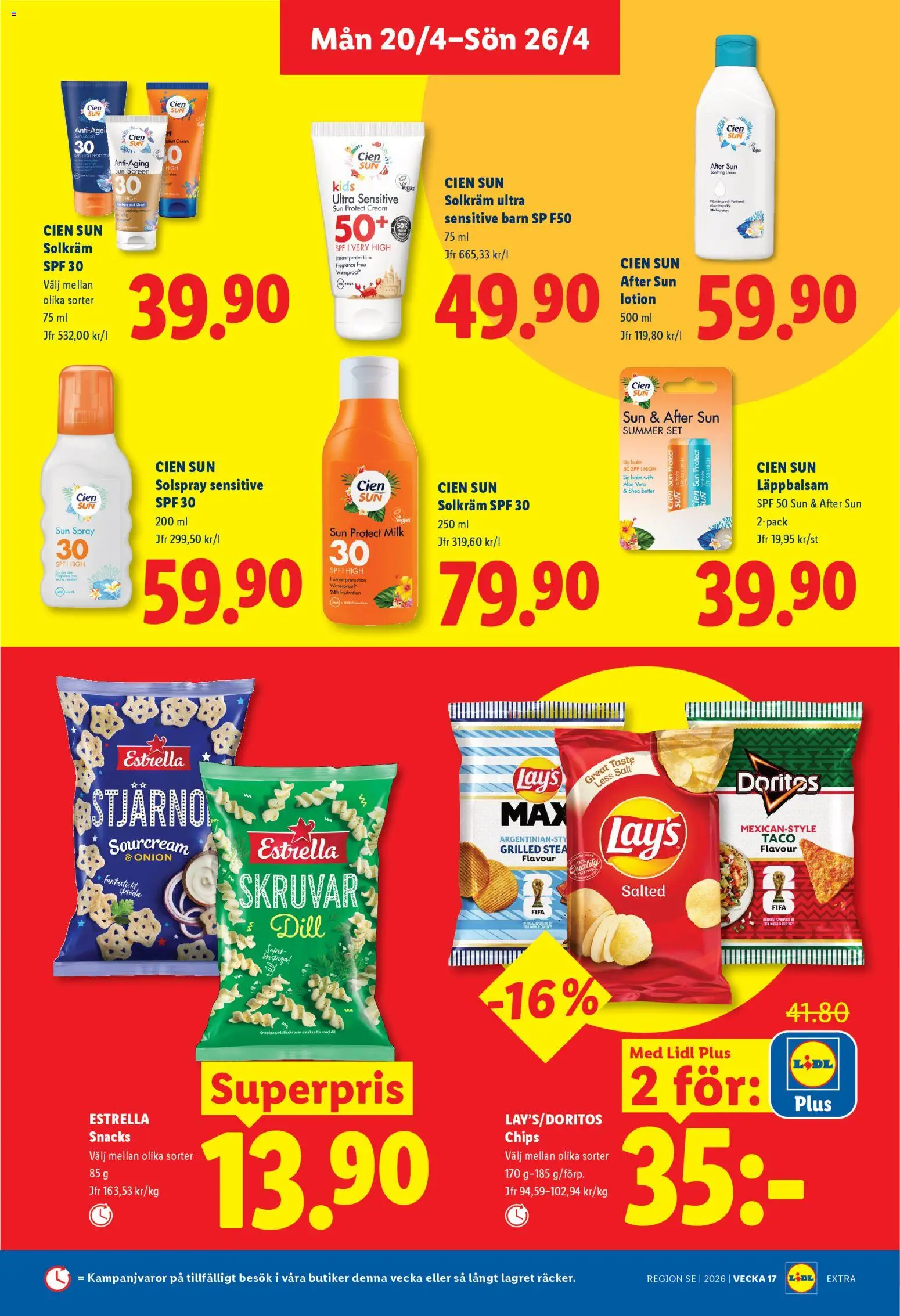 Lidl reklamblad aktuell från 20.04.2026 | Sida: 14 | Produkter: Salt, Solkräm, Chips, After sun
