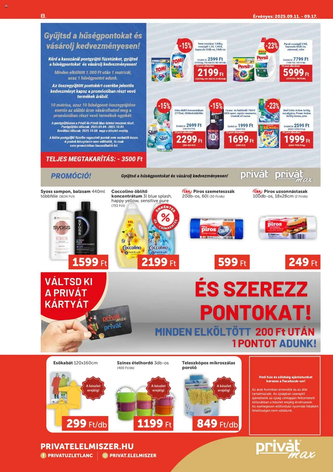 PRIVÁT akciós ujság - amely érvényes a következő dátumtól: 11.09.2025 | Oldal: 8 | Termékek: Coccolino, Esőkabát, Zöldség, Mosópor