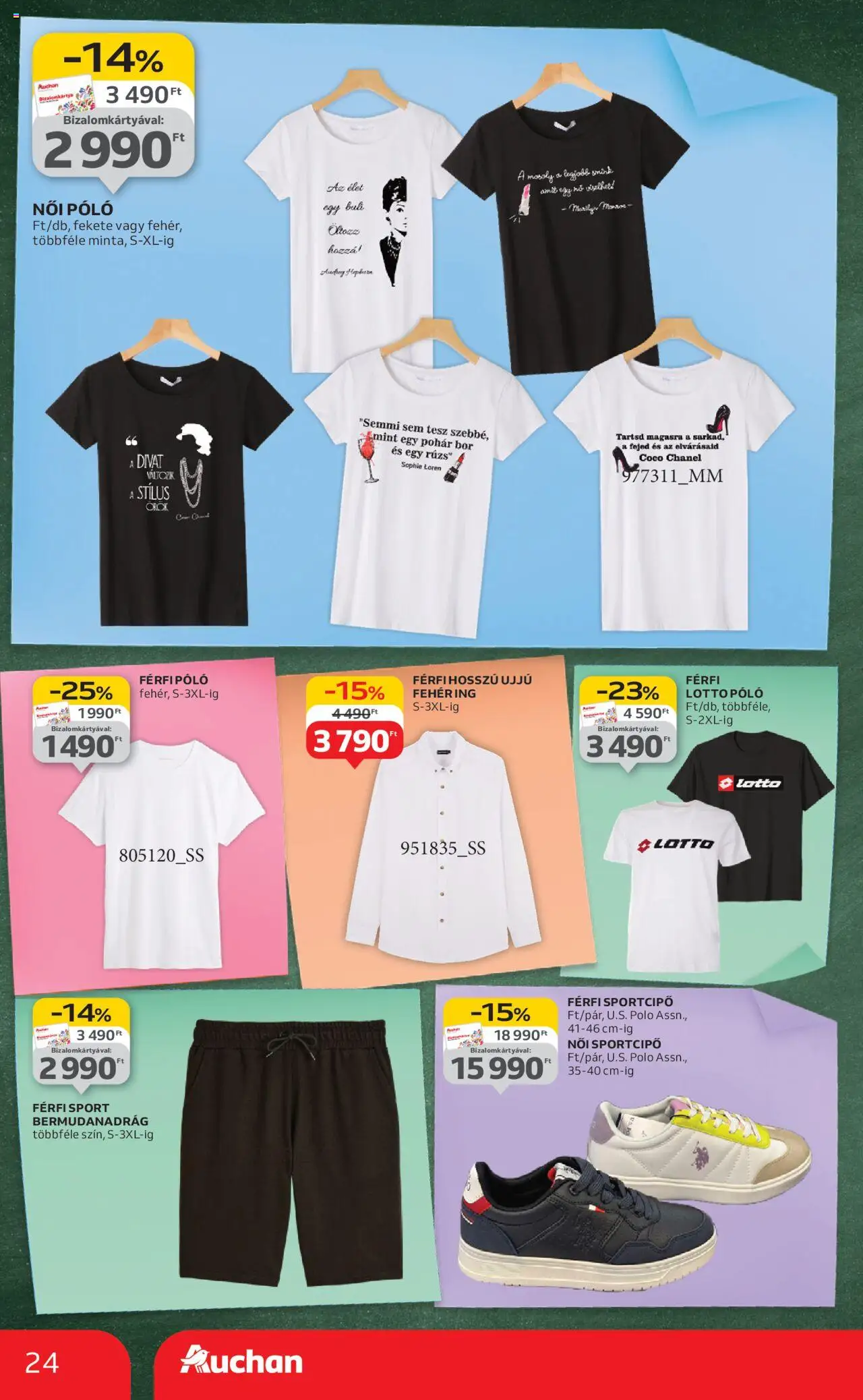 Auchan akciós ujság - amely érvényes a következő dátumtól: 07.08.2025 | Oldal: 24 | Termékek: Bermudanadrág, Sportcipő, Női póló, Pohár