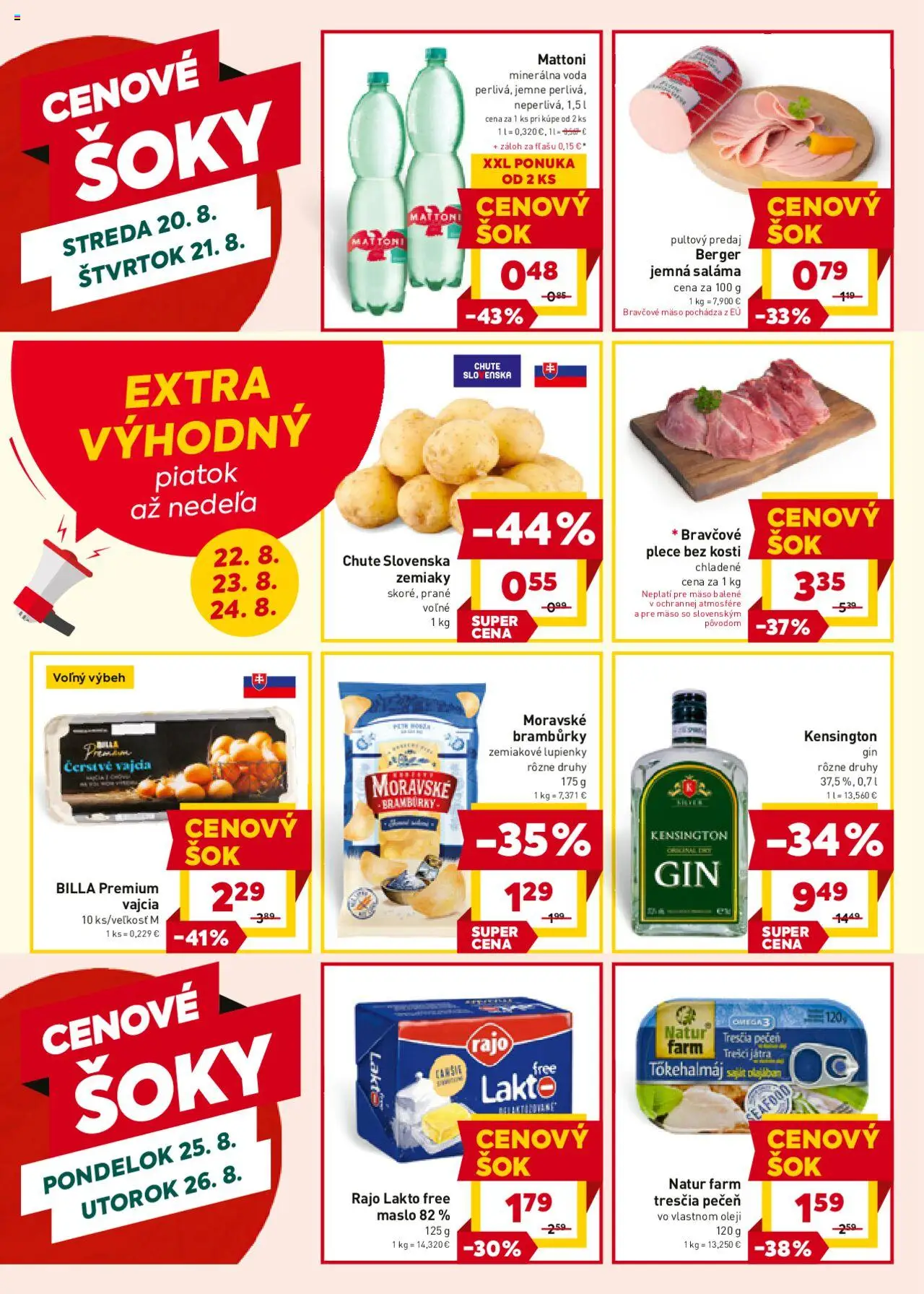 Billa leták │ platný od 20.08.2025 | Strana: 20 | Produkty: Vajcia, Saláma, Voda, Minerálna voda