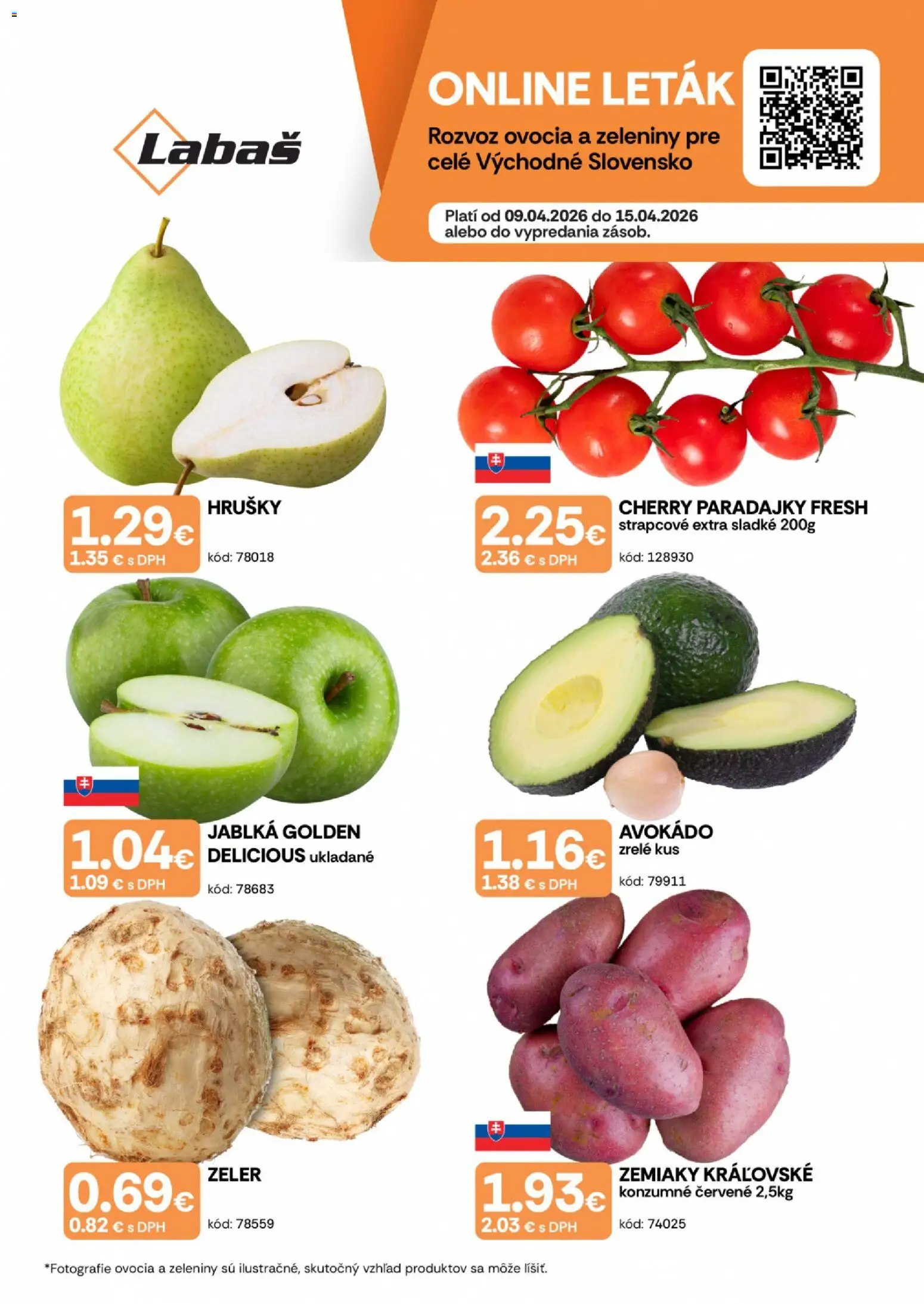 Nové Labaš akcie – leták je platný od 09.04.2026 | Strana: 1 | Produkty: Paradajky, Avokádo, Cherry paradajky, Zeler