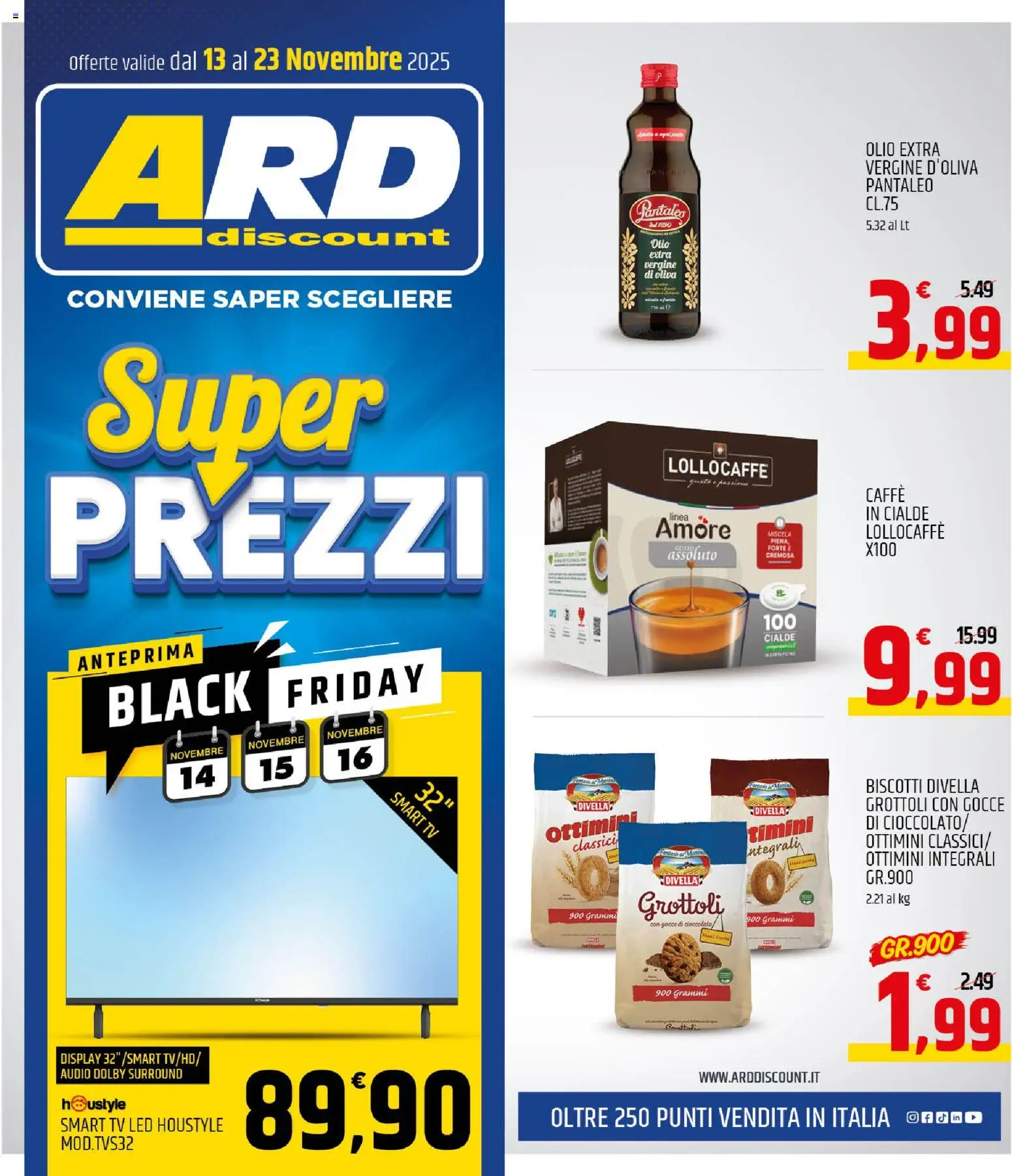 Volantino ARD Discount del 13.11.2025 | Pagina: 1 | Prodotti: Caffè, smart TV, Audio, Olio extra vergine