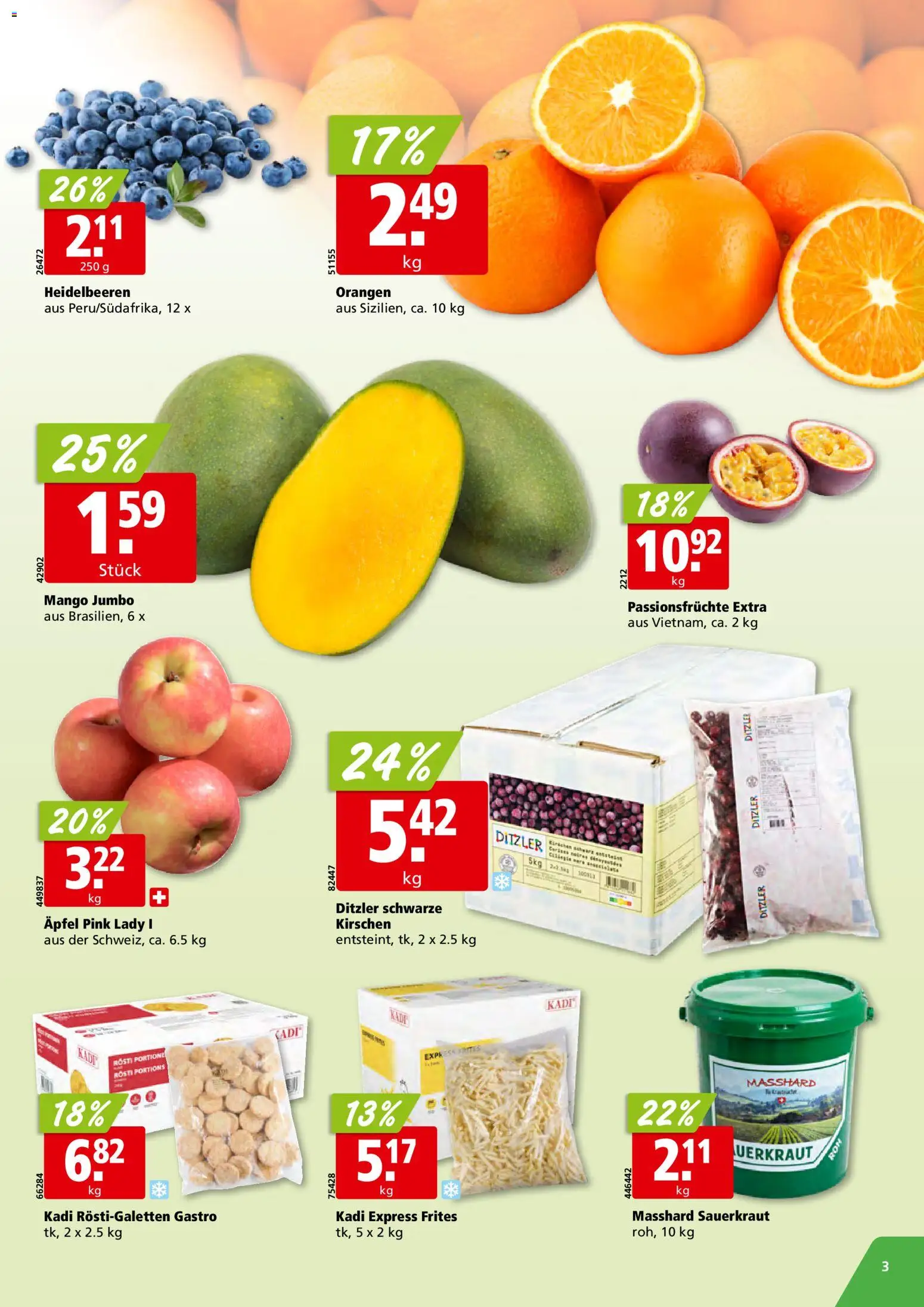 Aligro Aktionen Schlieren, Gossau SG, Frauenfeld, Rapperswil-Jona, Sargans, Bern, Brüttisellen, Pratteln, Emmen, Spreitenbach – gültig ab 17.11.2025 | Seite: 3 | Produkte: Kirschen, Äpfel, Orangen, Mango