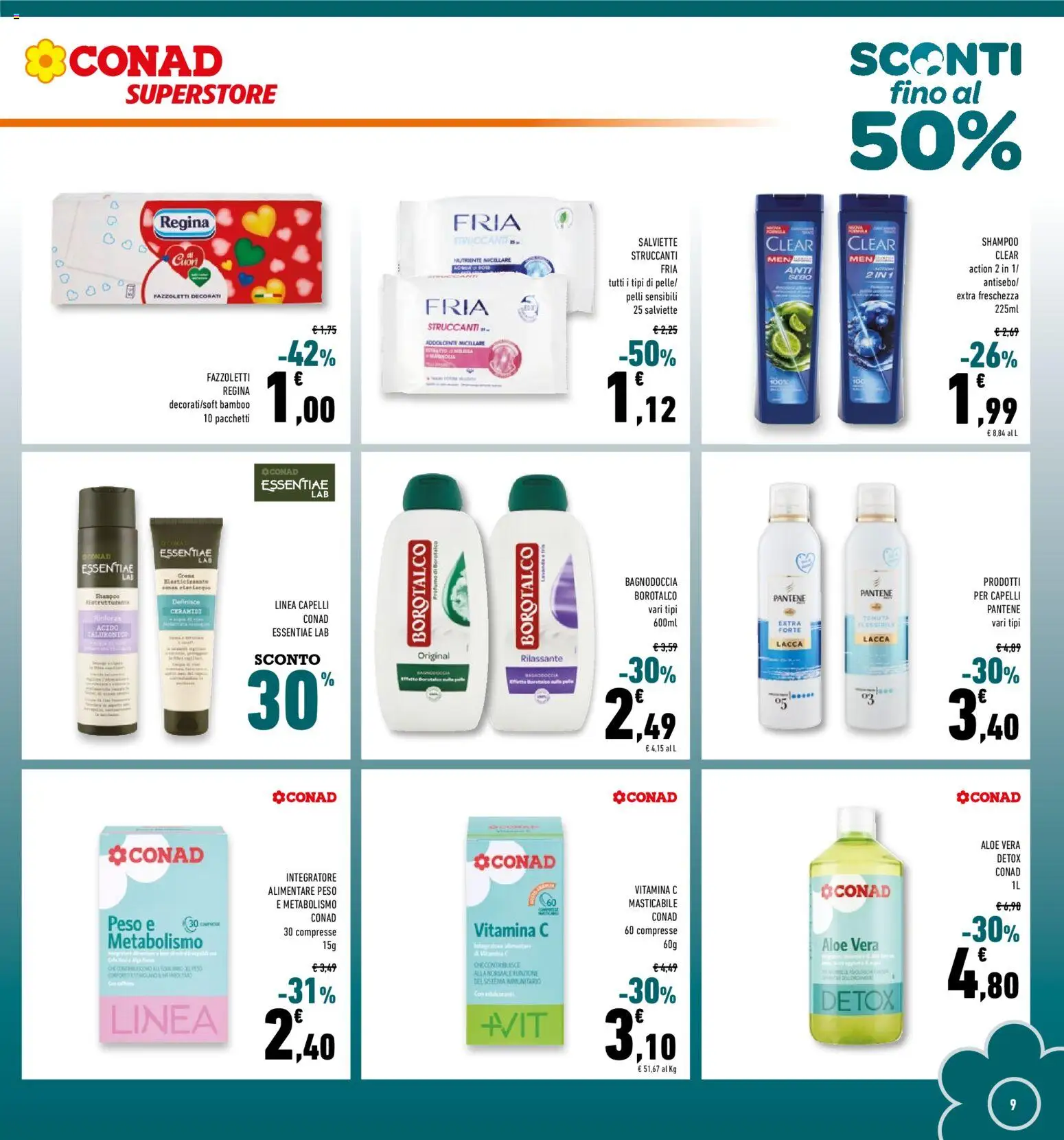 Volantino Conad del 03.01.2026 | Pagina: 9 | Prodotti: Salviette struccanti, Fazzoletti, Aloe vera, Profumo