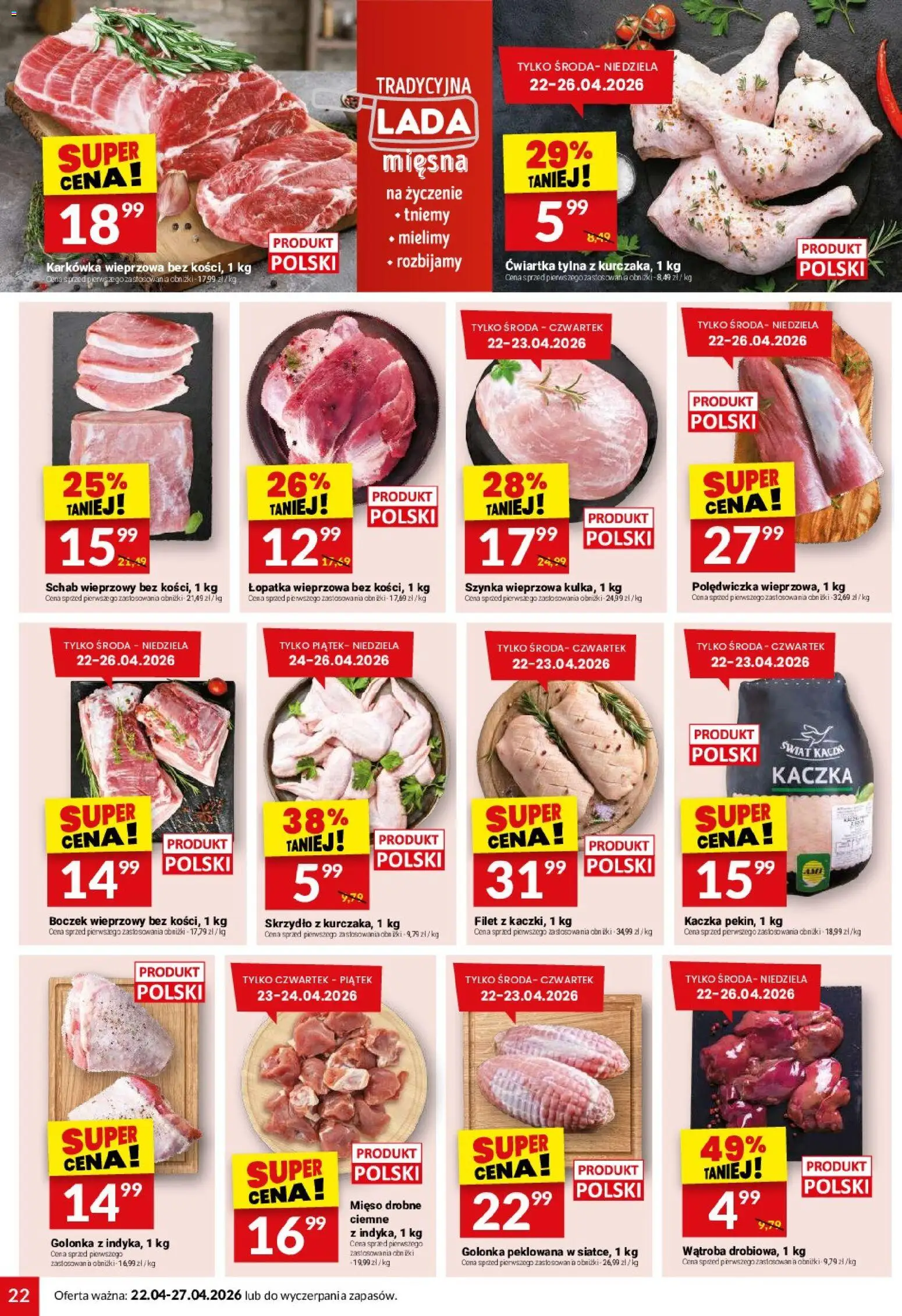 Twój Market gazetka od 22.04.2026 | Strona: 22 | Produkty: Karkówka, Schab, Boczek wieprzowy, Łopatka wieprzowa