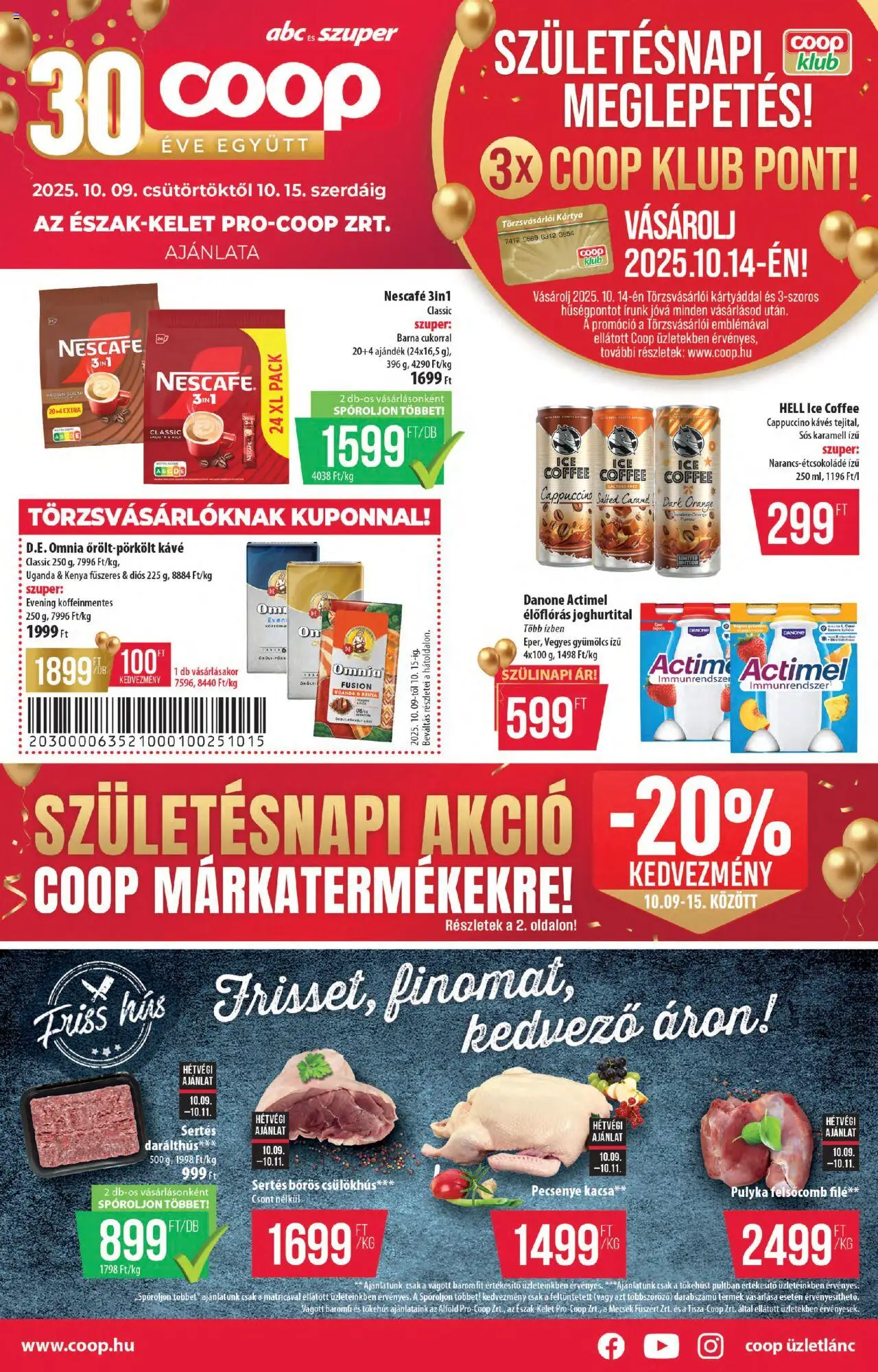 COOP akciós ujság - amely érvényes a következő dátumtól: 09.10.2025 | Oldal: 1 | Termékek: Nescafé, Gyümölcs, Kávé, Kacsa