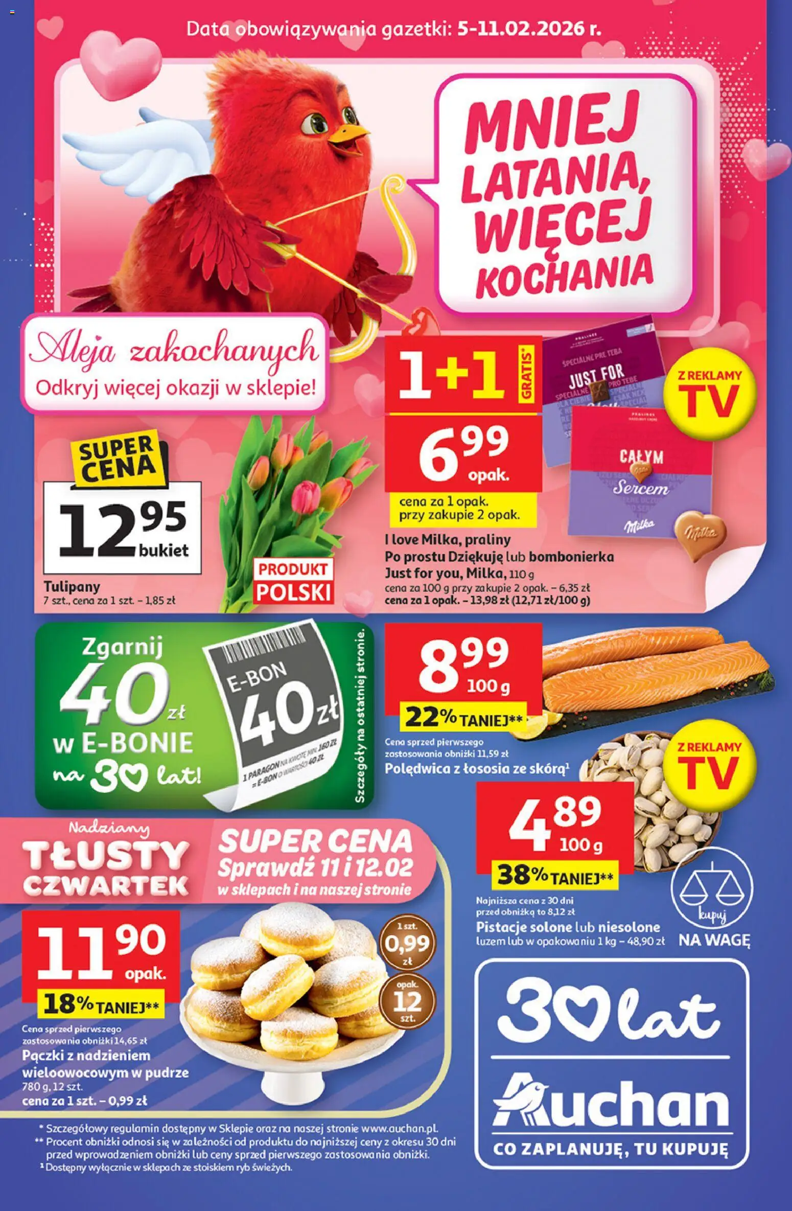 Auchan Gazetka od 05.02.2026 | Strona: 1 | Produkty: Bombonierka, Pączki, Milka, Tulipany