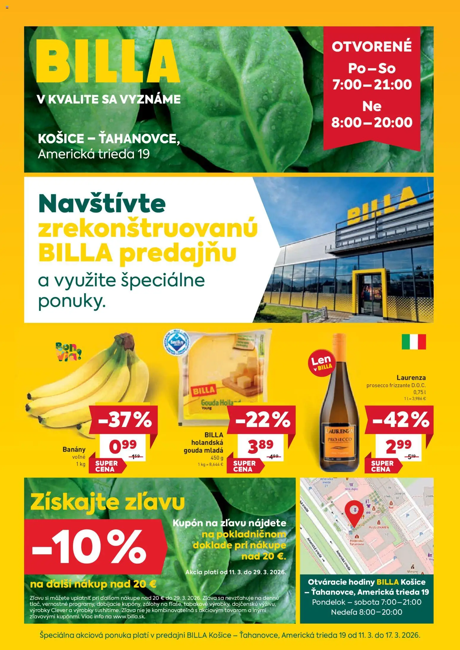 Nové Billa akcie – leták je platný od 11.03.2026 | Strana: 1 | Produkty: Hodiny, Banány, Prosecco, Gouda
