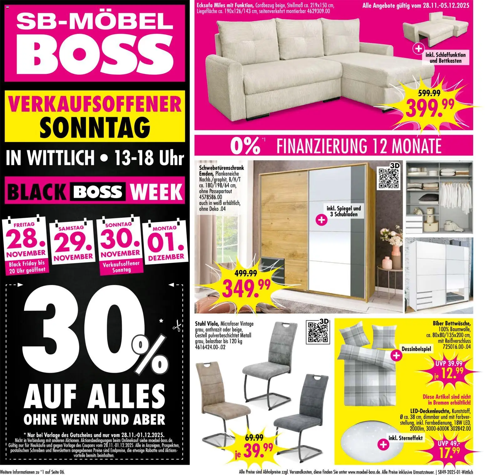SB Möbel Boss Prospekt Wittlich – gültig ab 28.11.2025 | Seite: 1 | Produkte: Ecksofa, Stuhl, Spiegel, Uhr