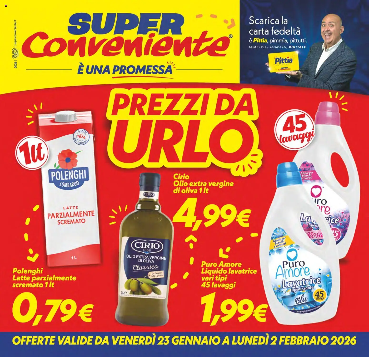 Volantino SuperConveniente del 23.01.2026 | Pagina: 1 | Prodotti: Latte, Lavatrice, Latte parzialmente scremato, Profumo