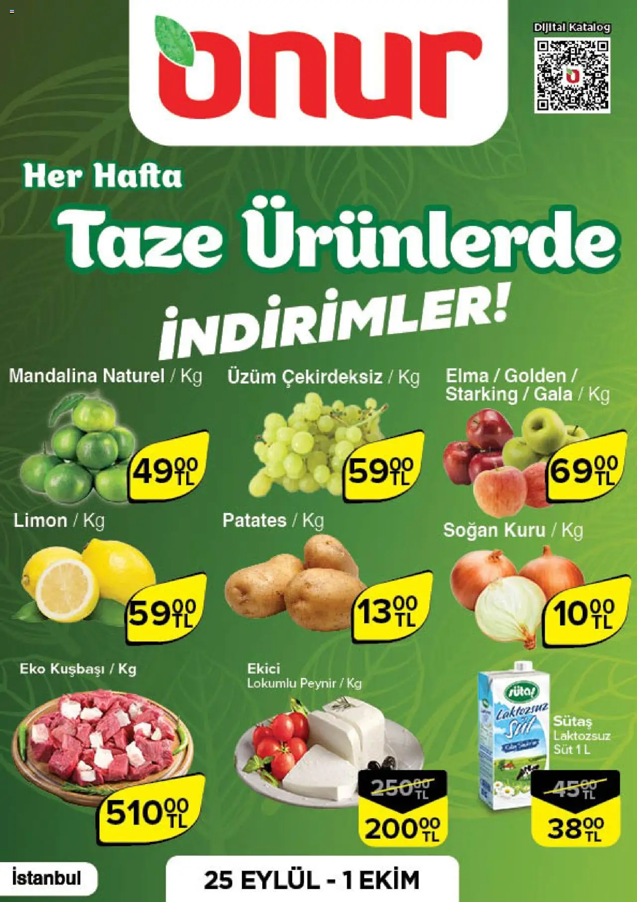 Onur Market Katalog Taze Ürünlerde İndirimler - İstanbul - 25.09.2025 tarihinden itibaren geçerlidir | Sayfa: 1 | Ürünler: Peynir, Elma, Patates, Soğan