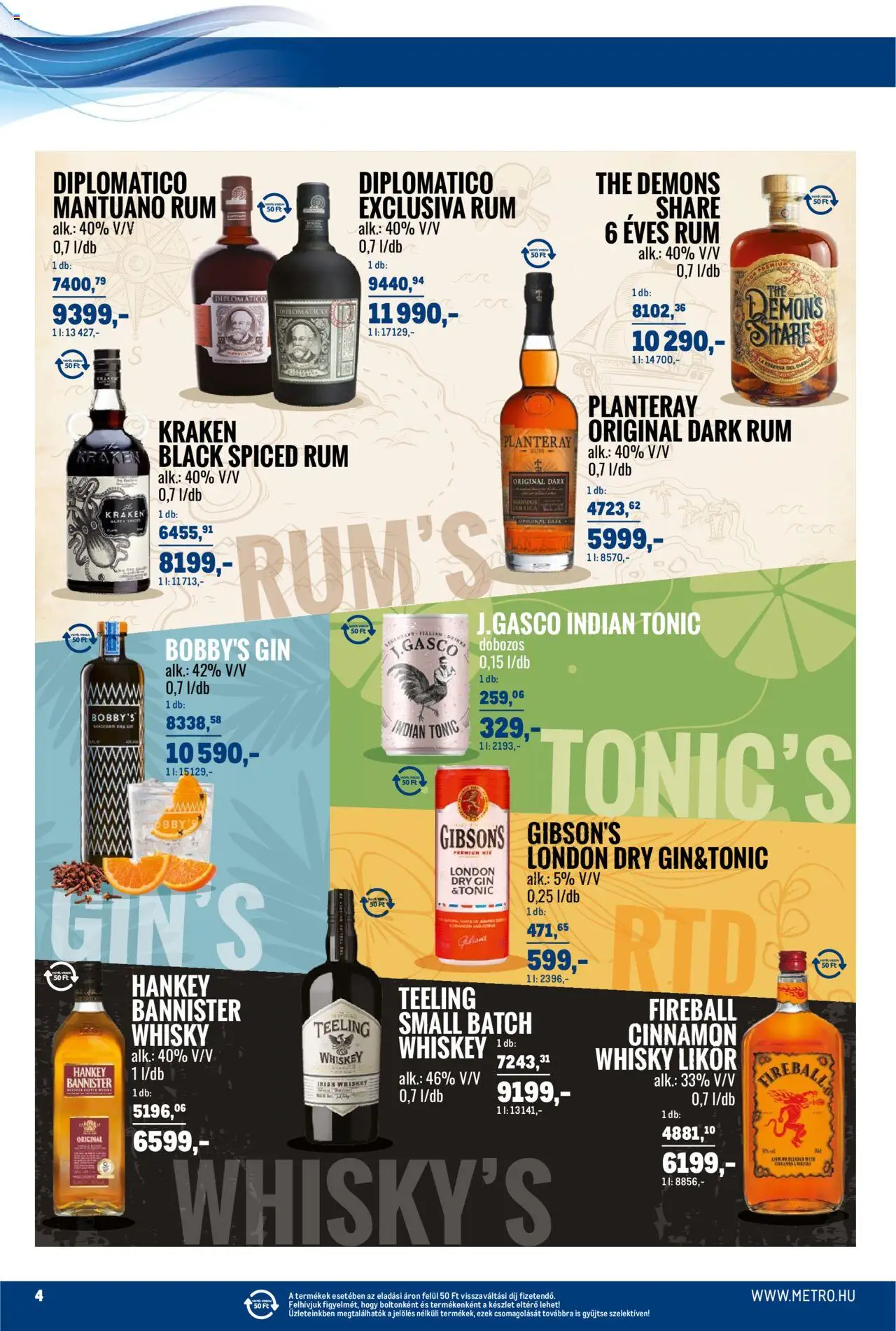 Metro akciós ujság - amely érvényes a következő dátumtól: 01.08.2025 | Oldal: 4 | Termékek: Tonic, Whiskey, Rum, Likőr