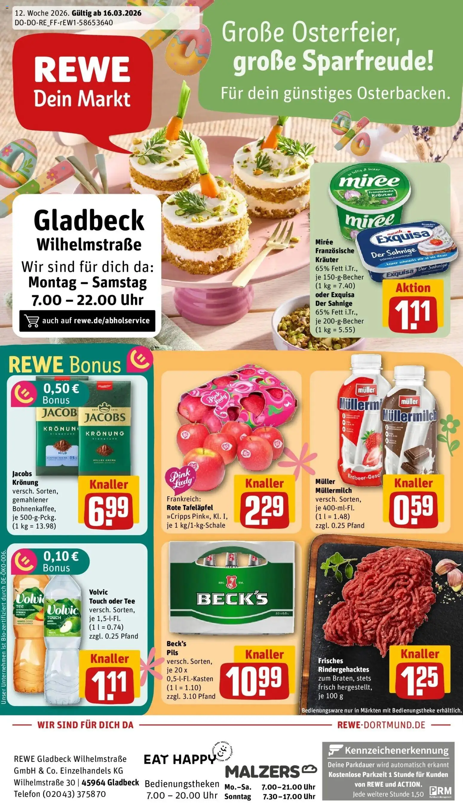 Rewe Prospekt Gladbeck	 – gültig ab 15.03.2026 | Seite: 1 | Produkte: Pils, Äpfel, Volvic touch, Telefon