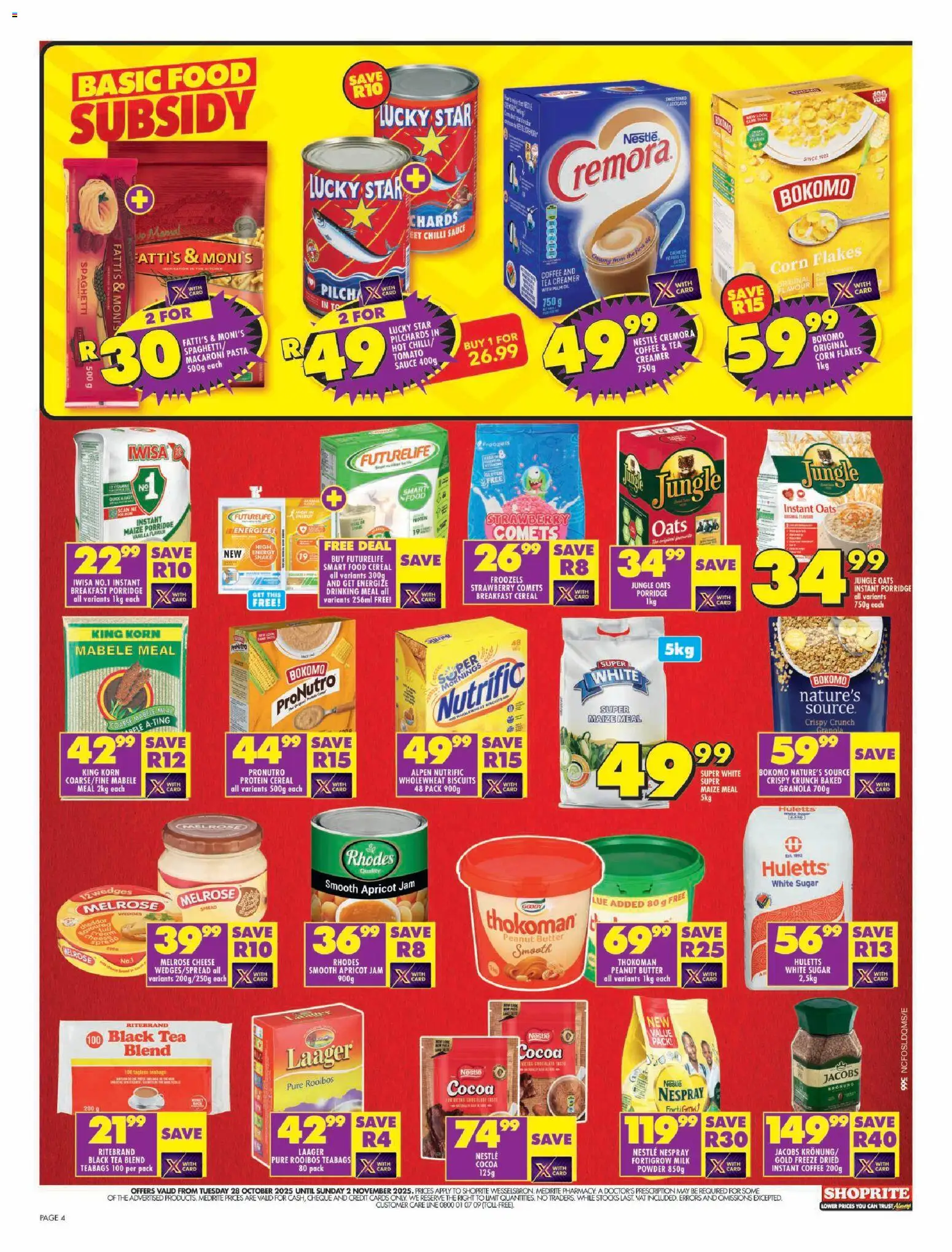 New Shoprite catalogue – valid from 28.10.2025 | Page: 4 | Products: Pilchards, Jam, Biscuits, Sugar