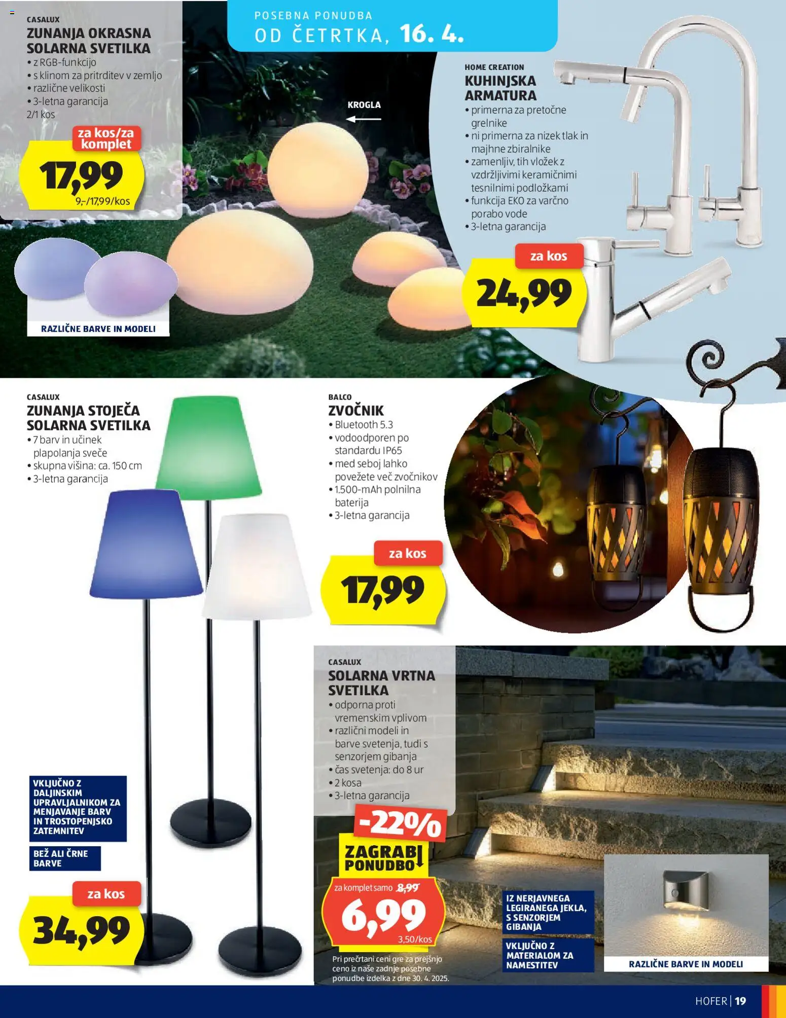Novi Hofer katalog ponudbe – veljaven od 08.04.2026 | Stran: 19 | Izdelki: Solarna svetilka, Zvocnik, Svetilka, Svece