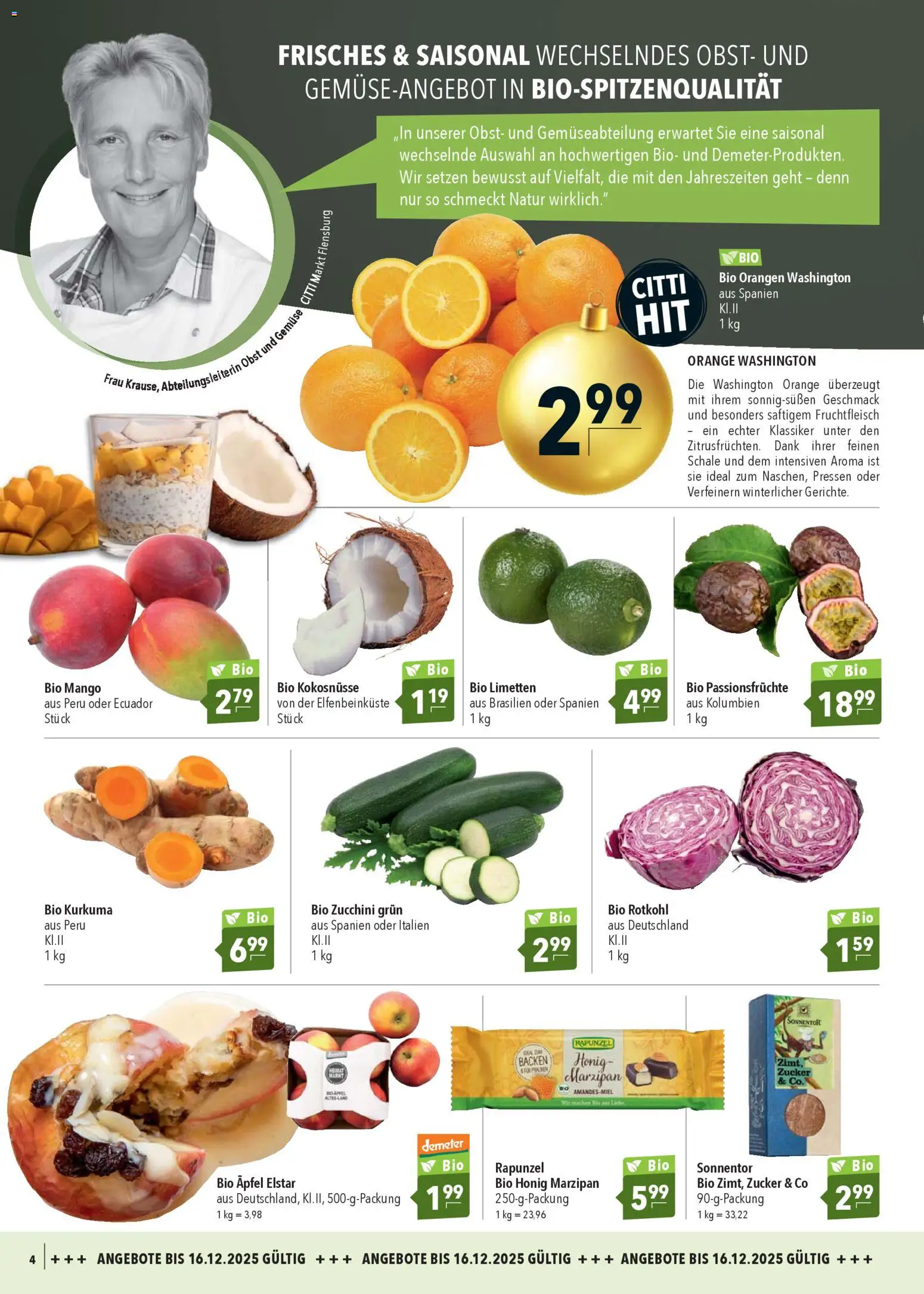 CITTI Markt Bio logisch! – gültig ab 03.12.2025 | Seite: 4 | Produkte: Äpfel, Orangen, Gemüse, Zucker