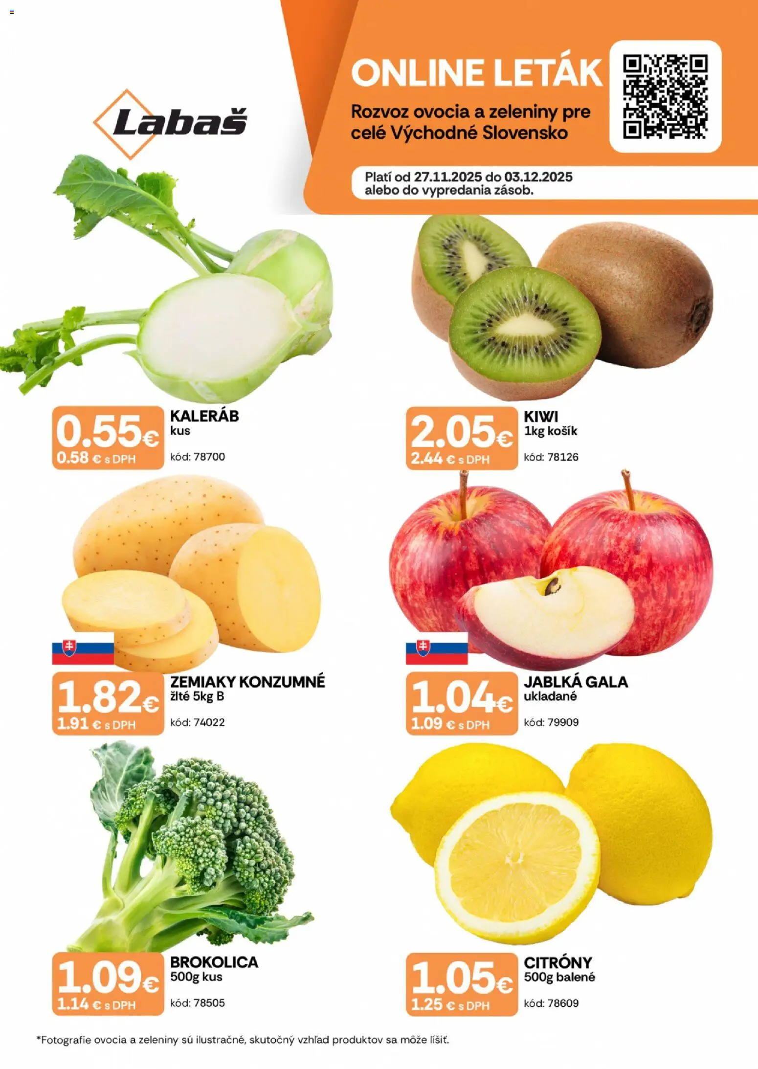 Nové Labaš akcie – leták je platný od 27.11.2025 | Strana: 1 | Produkty: Jablká, Brokolica, Kiwi, Zemiaky
