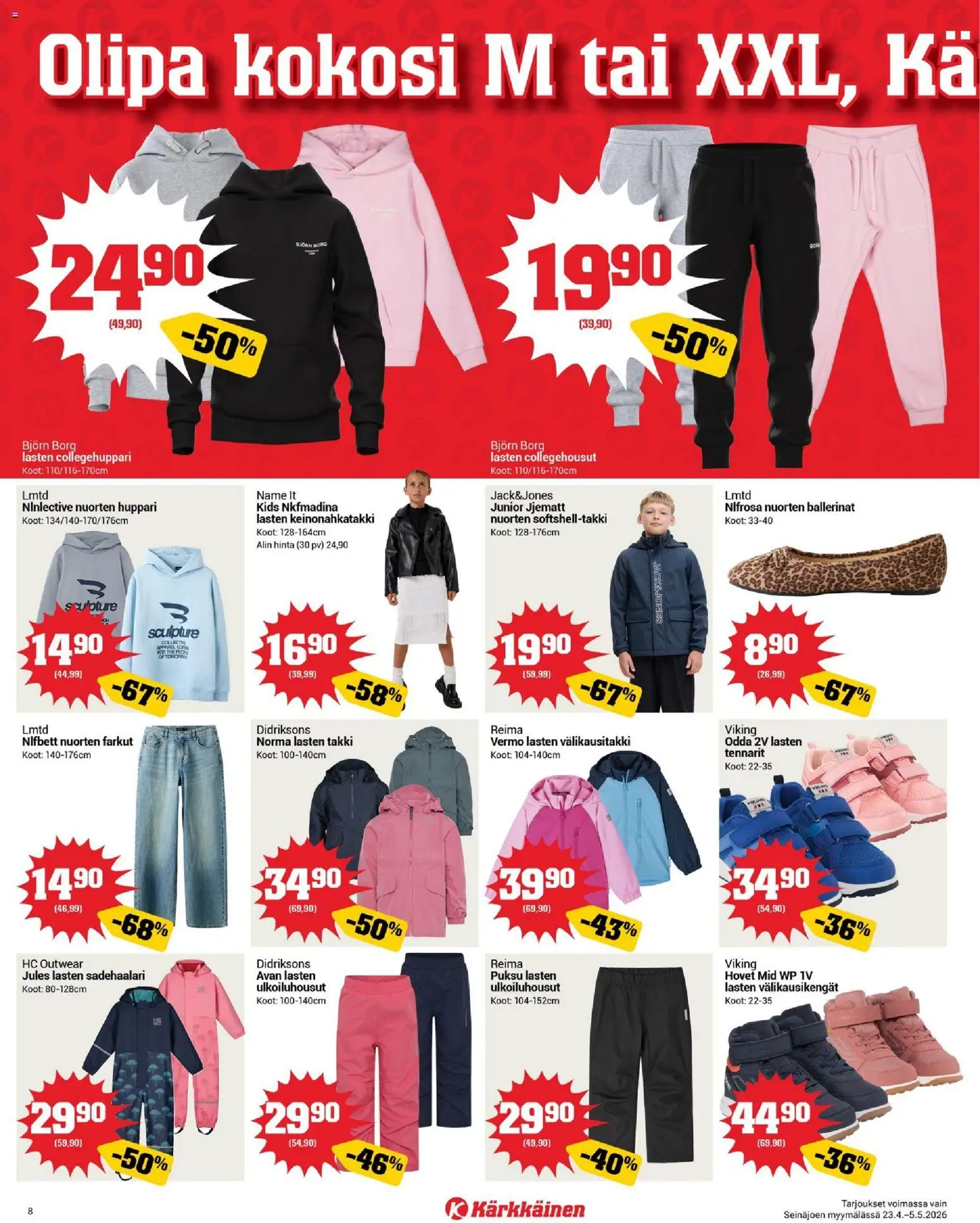 Kärkkäinen tarjoukset - Seinäjoen alue – voimassa 23.04.2026 alkaen | Sivu: 8 | Tuotteet: Huppari, Takki, Sadehaalari, Ballerinat