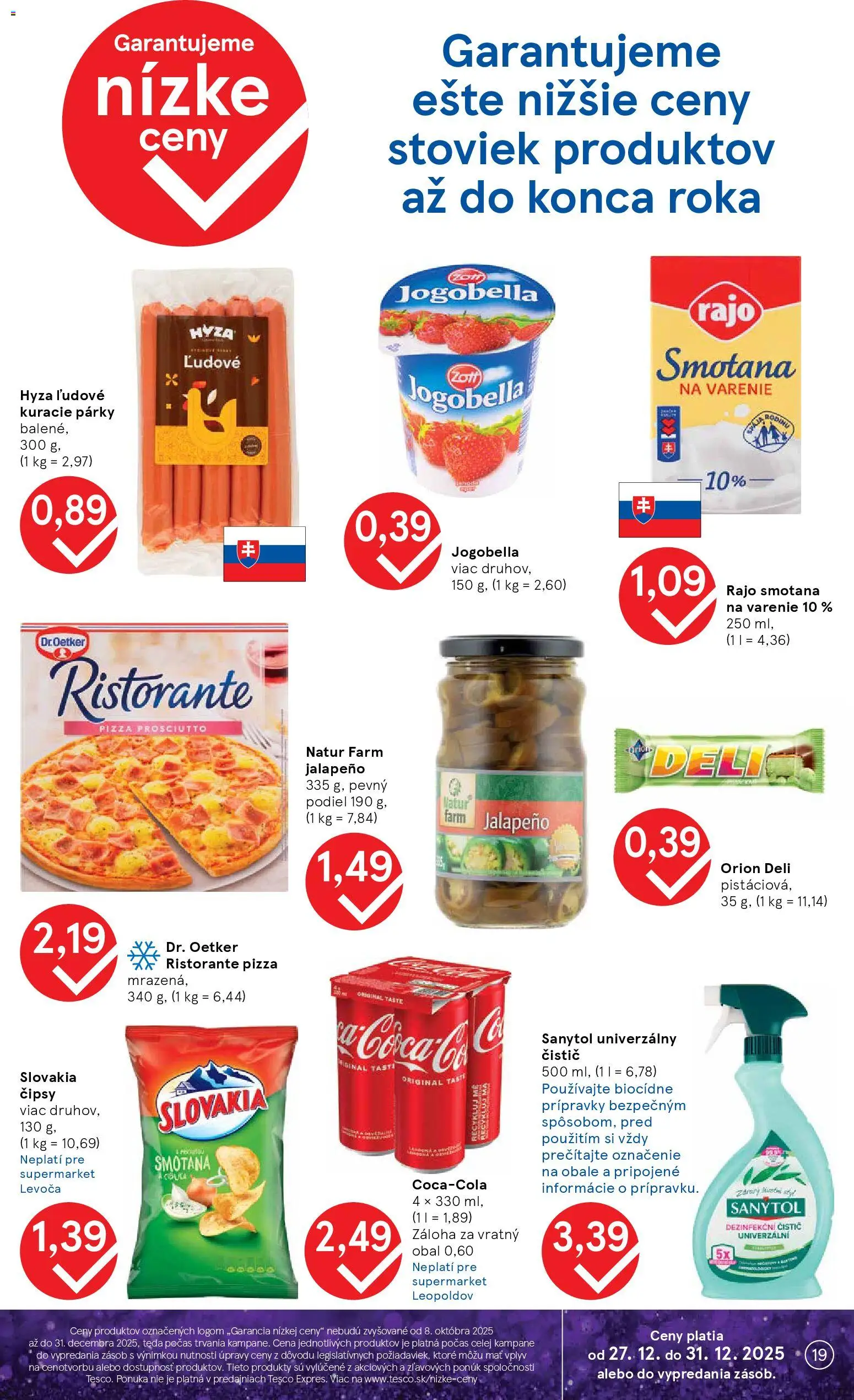 Nové Tesco akcie – leták je platný od 27.12.2025 | Strana: 19 | Produkty: Smotana, Sanytol, Coca cola, Párky