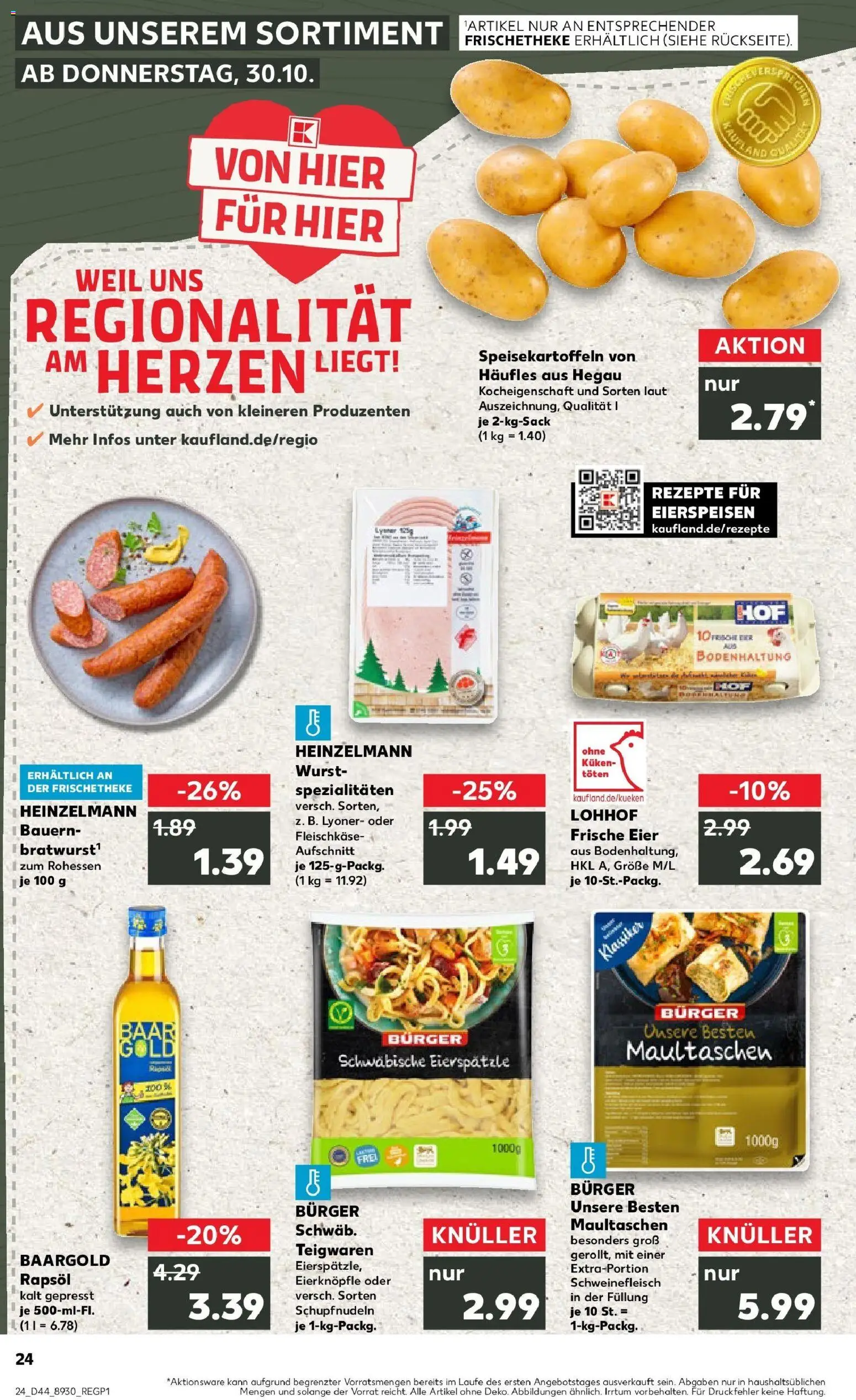 Kaufland prospekt Bad Dürrheim	 – gültig ab 30.10.2025 | Seite: 24 | Produkte: Rapsöl, Burger, Wurst, Pasta
