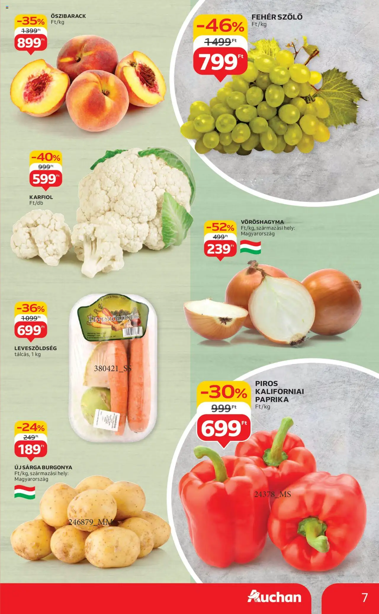 Auchan akciós ujság - amely érvényes a következő dátumtól: 14.08.2025 | Oldal: 7 | Termékek: Szőlő, Burgonya, Vöröshagyma, Kaliforniai paprika