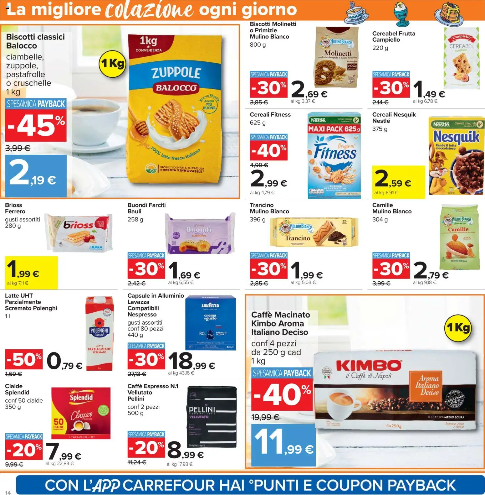 Volantino Carrefour del 21.04.2026 | Pagina: 14 | Prodotti: Caffè, Cereali, Frutta, Latte