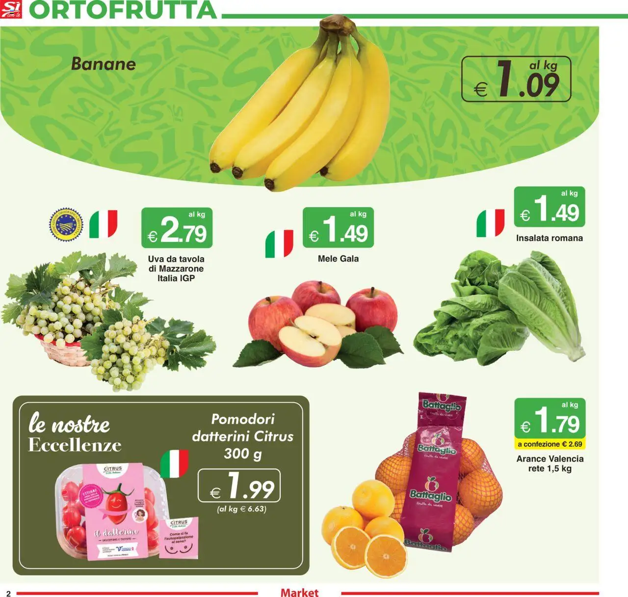 Volantino Sì con Te del 09.10.2025 | Pagina: 2 | Prodotti: Arance, Insalata, Pomodori, Uva