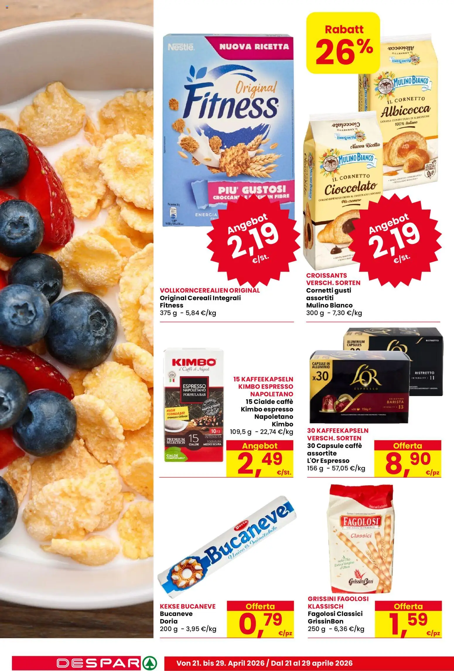 Volantino Despar del 21.04.2026 | Pagina: 12 | Prodotti: Caffè, Cereali, Olio, Albicocche