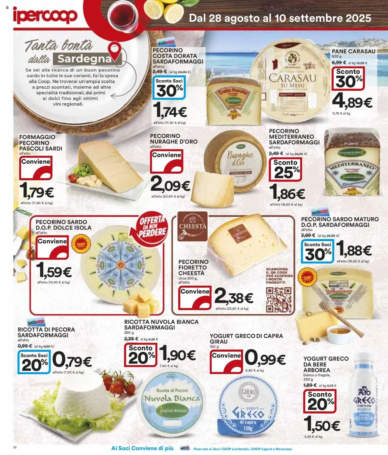 Volantino Ipercoop del 28.08.2025 | Pagina: 10 | Prodotti: Yogurt greco, Pane, Formaggio, Pecorino
