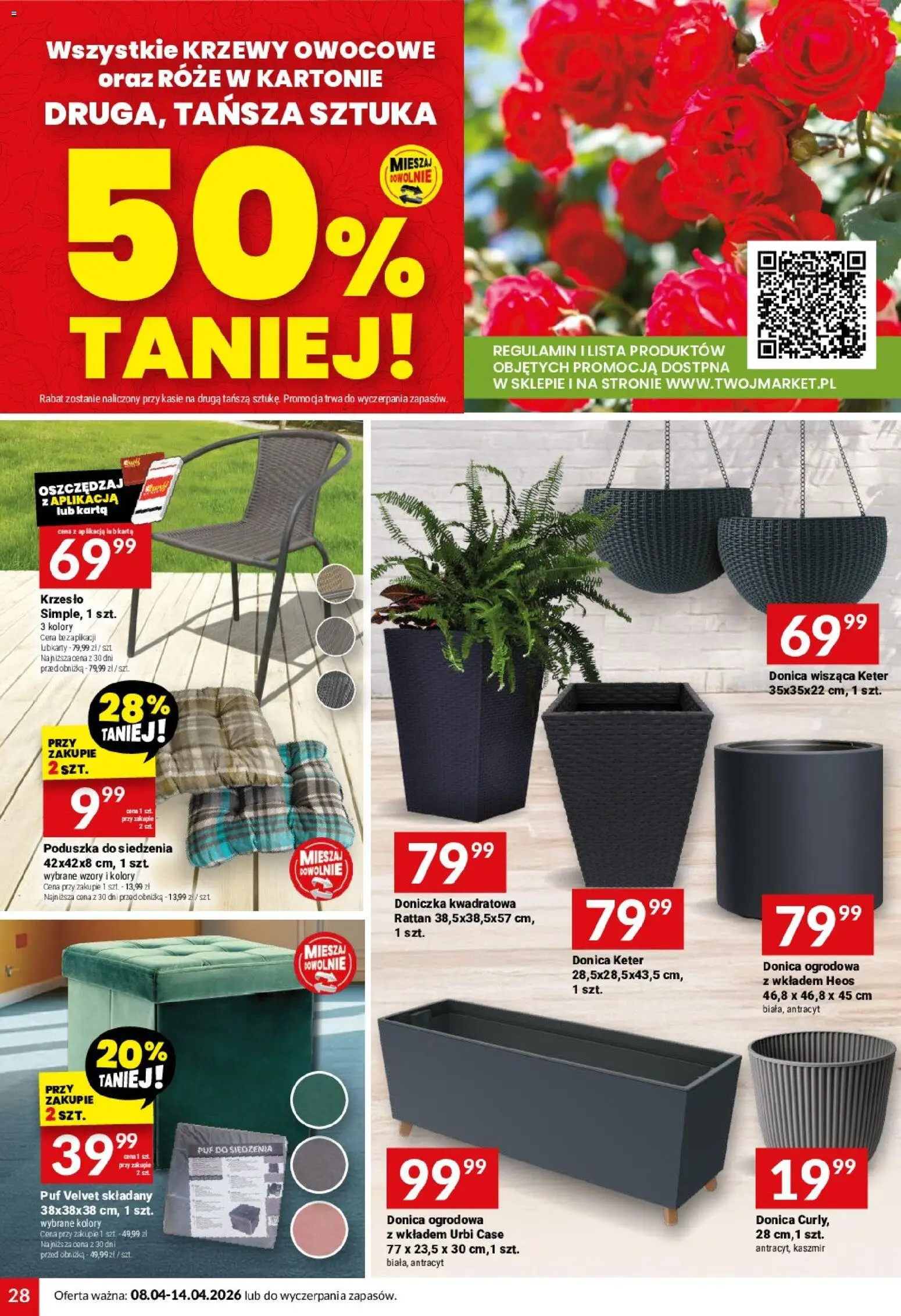 Twój Market gazetka od 08.04.2026 | Strona: 28 | Produkty: Poduszka, Krzesło, Krzewy owocowe, Doniczka