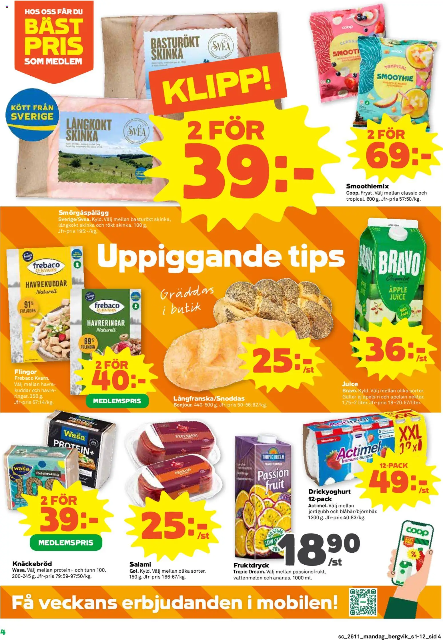 Stora Coop reklamblad aktuell från 09.03.2026 | Sida: 4 | Produkter: Skinka, Juice, Äpple, Flingor